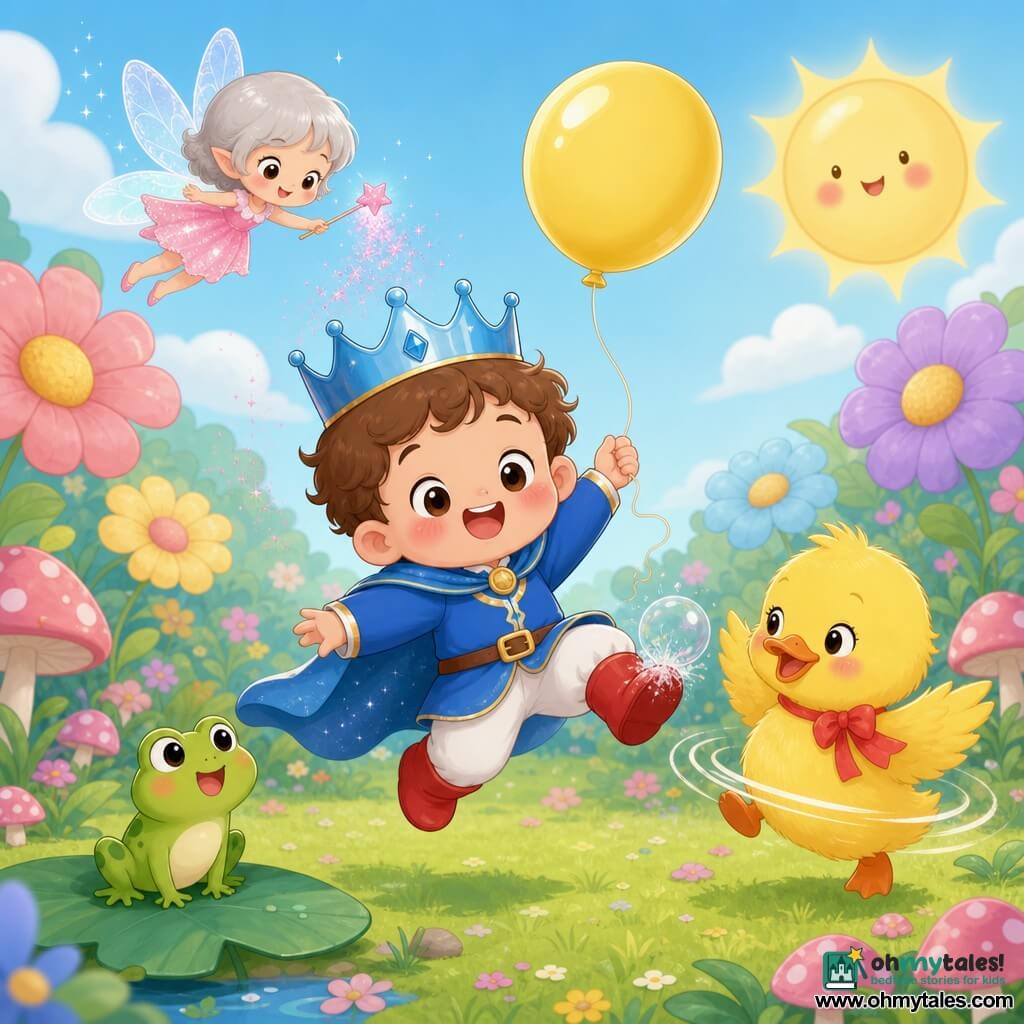 The prince is a joyful chubby boy with rosy cheeks and a big smile, wearing a small shiny blue crown and red boots, jumping while holding a yellow bouncing balloon; a tiny mischievous fairy with short silver hair and shimmering translucent wings flies above sprinkling pink glitter; a small round smiling green frog sits on a leaf beside the prince watching a bubble burst on his shoe; a bright yellow fluffy duck with a red ribbon around her neck spins to the right of the prince flapping her wings; the enchanted garden is a colorful clearing with vivid green grass, plump pink mushrooms, oversized multicolored flowers and a smiling round sun in the background; scene: a lively, funny moment with the prince laughing, bright lighting, pastel colors and simple shapes.