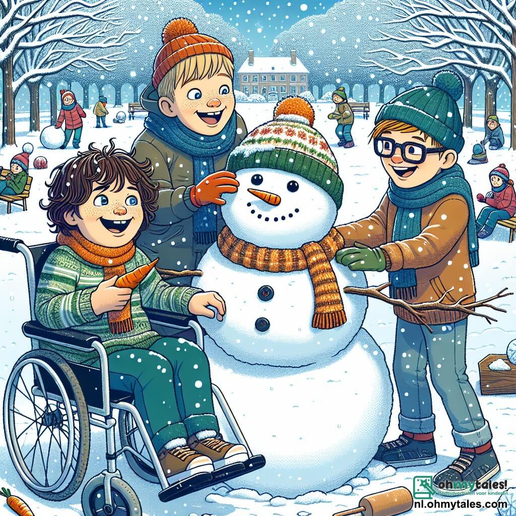 In een winterpark zijn drie jongens van 10 jaar bezig met het bouwen van een grote sneeuwpop. Jan, een jongen met bruin, krullend haar, zit in zijn rolstoel, glimlachend en met een wortel voor de neus van de sneeuwman. Naast hem rolt Tom, een blonde jongen met sprankelende ogen, enthousiast een grote sneeuwbal. Tot slot versiert Bas, een jongen met kastanjebruin haar en een bril, de sneeuw met een kleurrijke sjaal en plastic knopen. Het park is bedekt met een dikke laag glinsterende sneeuw, met bomen vol sneeuwvlokken en een helderblauwe lucht met witte wolken. In de verte lachen en spelen kinderen, terwijl de winterzon de scène verlicht met een zachte gouden gloed. De drie vrienden zijn gefocust op hun taak, lachend en elkaar aanmoedigend, terwijl ze samen een sneeuwpop creëren, symbool van hun vriendschap en wintervreugde.