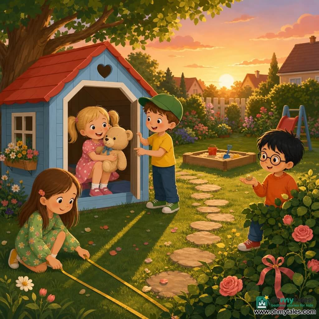 Four children in a suburban garden at sunset: Lily, 6, blond pigtails, pink polka-dot dress, sitting in a light-blue wooden playhouse hugging a large beige teddy with a blue ribbon; Max, 7, short brown hair, green cap, yellow t‑shirt, standing at the playhouse door smiling and pointing at the teddy; Emma, 6, long brown hair, green floral dress, crouched holding one end of a yellow measuring cord; Tom, 6, black hair and round glasses, orange sweater, standing by a small bush with a shiny button in his palm. The scene is joyful and warm, with green grass, colorful flowers, a large tree, sandbox and slide in the background, a cobblestone path, a rosebush with a ribbon, a crumpled blue ribbon on the teddy, the shiny button on the ground, and long evening shadows.