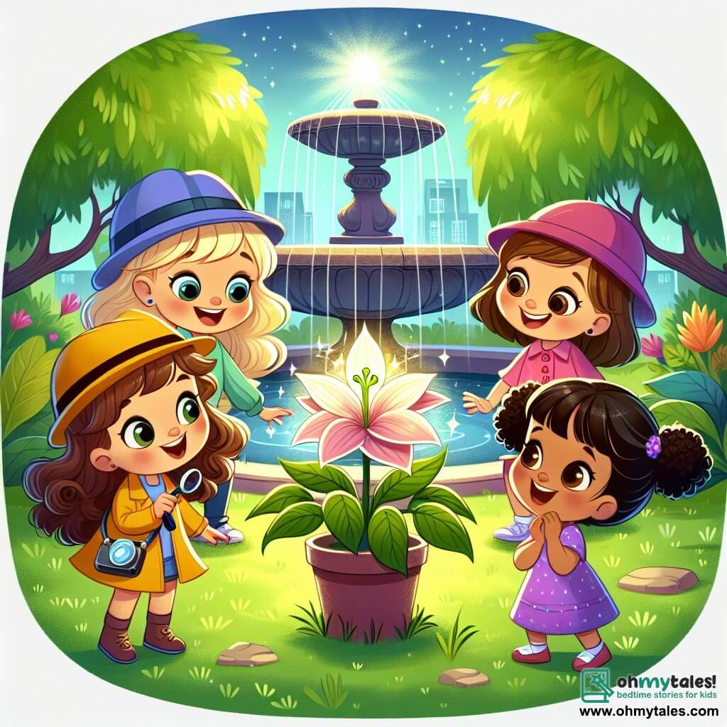 In a sunny park, four four-year-old girls stand in a circle around a beautiful magical flower that shines in the moonlight. Lily, with curly blonde hair and a yellow detective hat, smiles enthusiastically while pointing at the sparkling flower. Mia, with big brown eyes and brown hair in pigtails, wears a pink hat and gazes at the flower in wonder. Ava, with smooth chestnut hair and a purple hat, leans slightly forward, captivated by the flower's beauty. Zoe, with curly black hair and a blue hat, jumps for joy with her arms raised, expressing her delight at finding the flower. The park is lush with vibrant trees and an old stone fountain in the background, where the water sparkles in the moonlight. The four friends, as little detectives, have just discovered the magical flower that blooms only at night, celebrating their success with laughter and smiles, ready to capture the moment with a photo.