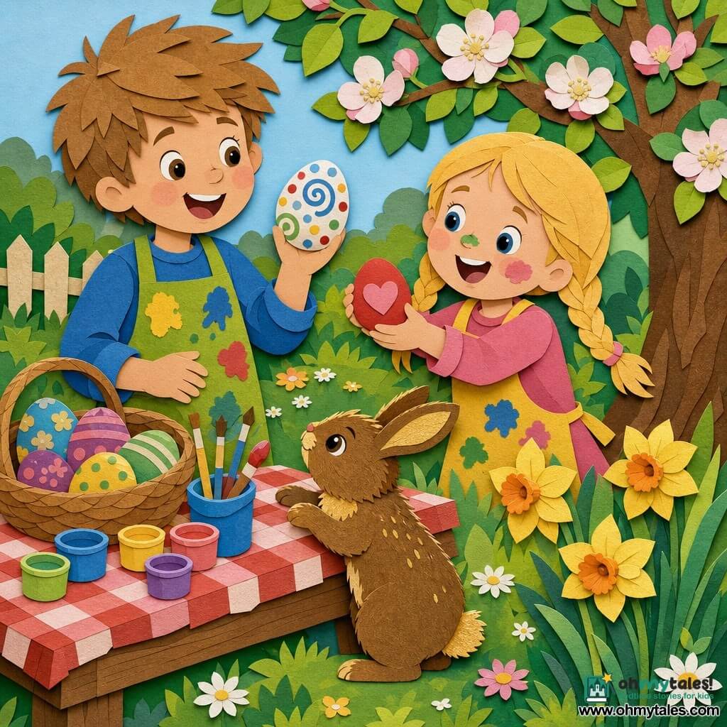An 8-year-old boy with tousled light brown hair and a delighted smile, wearing a paint-stained apron, carefully holds a spiral- and polka-dot painted egg while his 5-year-old sister with blonde pigtails and paint on her nose stands to his right offering a red heart egg; a small magical brown rabbit with golden highlights and chocolate eyes sits on its haunches nearby by a daffodil bed under an apple tree in a spring garden with daisied lawn, a gingham cloth on a wooden table scattered with paint pots, brushes and wicker baskets of painted eggs, bathed in soft light with vivid colors and paper-cut textures, sharp edges and cast shadows.