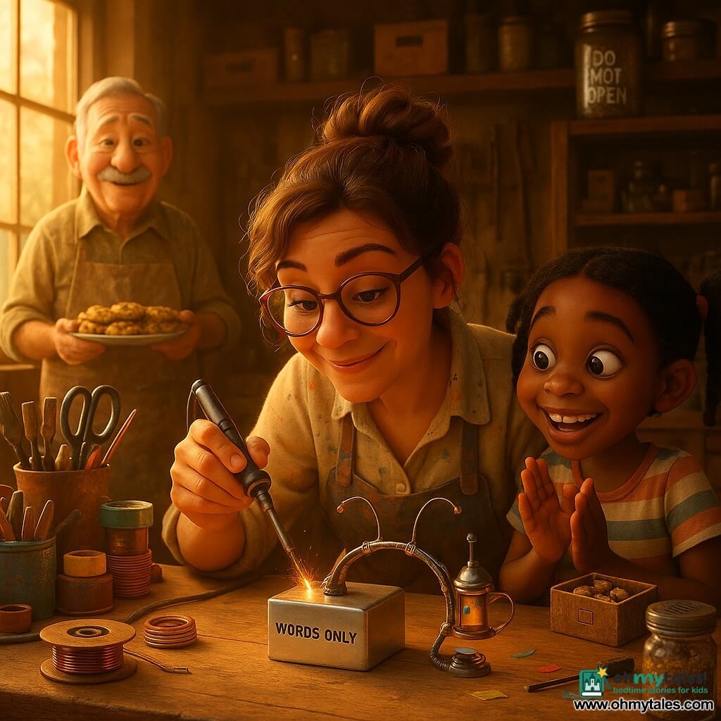 The scene shows Mara (about 30), focused and joyful with round glasses and a messy chignon, wearing a paint-stained smock as she solders a copper wire to a small silver box labeled "WORDS ONLY" while leaning over a worn wooden workbench; to her left Nia (11), curious and mischievous in pigtails and a striped tee, claps lightly holding a small box of golden gears, and in the background Mr. Peebles (about 70), kind with gray hair and a mustache, wearing a patterned apron and holding a plate of cookies covered in foil, watches and smiles; the cluttered, warm workshop contains jars of tools, rolls of tape, spools of copper wire, a toy microphone, a retro speaker and a jar of glitter labeled "DO NOT OPEN" on a high shelf, golden light filtering through the window; the main focus is a whimsical invention on the bench—a miniature high-tech headband with wire antennas, a small teapot-shaped reservoir, colorful stickers and light soldering sparks—creating a technical yet playful, comic and tender atmosphere.