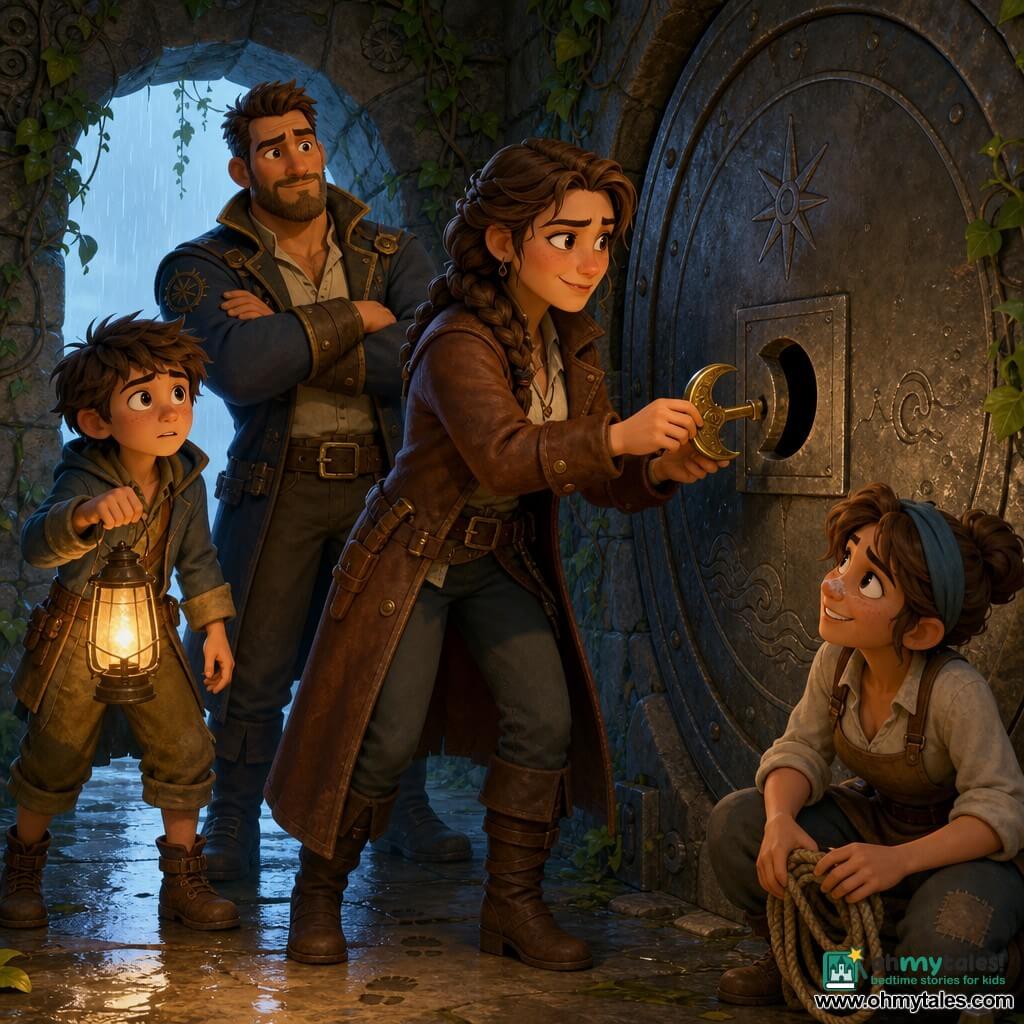 Mirella, a determined warm-faced 30-year-old captain with braided brown hair and a worn leather coat, gently inserts a crescent-shaped compass into a stone lock, relieved and resolute with slightly trembling hands; behind her stands Bram, a broad-shouldered 35-year-old first lieutenant with a short beard, arms crossed, wary then soothed; Lark, a 25-year-old carpenter with a speck of sawdust on her nose and a cloth apron, crouches near the threshold smiling and holding a piece of rope, watching the key with curiosity; Jory, a brave but anxious 12-year-old boy with messy hair and a lantern, stands left of Mirella ready to light the interior; the scene is an island interior chamber with damp stone walls overgrown with vines and marine carvings, a wet floor with fresh footprints and a heavy round metal door with a crescent-shaped keyhole, a tense hopeful moment as Mirella turns the compass-key, warm lantern light against cold stone and light rain at the entrance; visual style: saturated soft colors, crisp cel-shaded shadows, simple readable textures, child-friendly caricatured proportions, adventurous safe atmosphere.