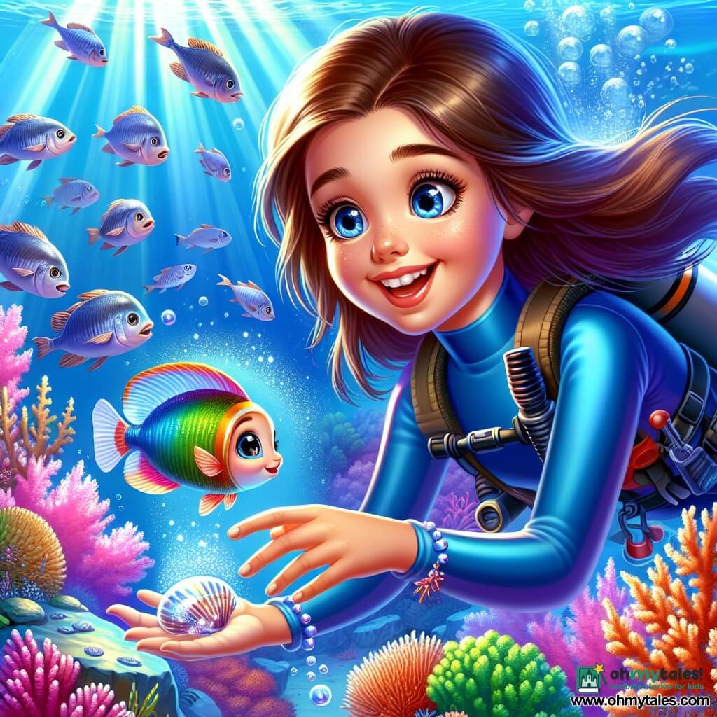 An 8-year-old girl named Olivia, with long brown hair floating in the water, is wearing a blue wetsuit. She has sparkling curious eyes and a big amazed smile on her face as she explores the underwater world. Beside her, a small fish named Finley, with shiny scales of all the colors of the rainbow, swims joyfully, showing his enthusiasm with quick tail movements. The setting is a vibrant coral garden, where pink, orange, and purple corals intertwine, creating a magical landscape. Rays of light filter through the clear water, illuminating schools of silver fish dancing around them. The main scene shows Olivia placing a shiny shell on a smooth rock, while a soft light emerges from the shell, illuminating the surroundings and attracting the attention of curious sea creatures.