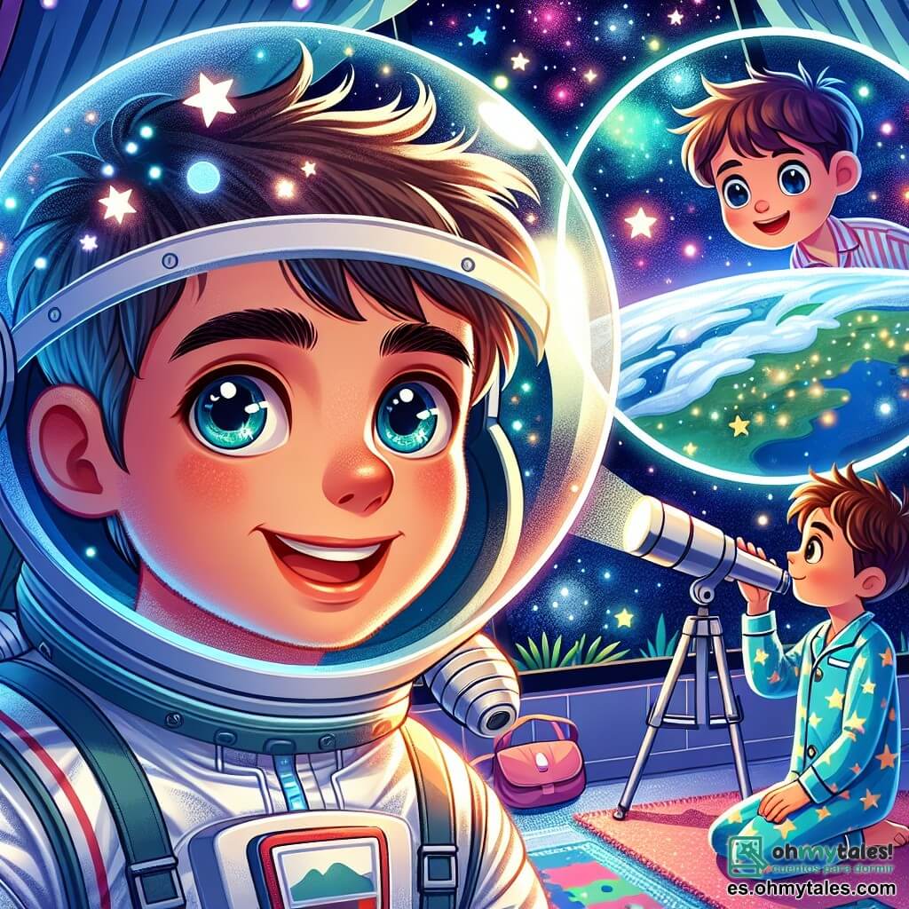 Un hombre astronauta, Raúl, flota en el espacio, vestido con un traje espacial blanco y plateado, con un casco transparente que refleja las estrellas brillantes. Su rostro expresa asombro y alegría, y sus ojos brillan de emoción al mirar la Tierra abajo. Cerca, un niño, Tomás, de unos 10 años, está en el suelo de su habitación, mirando a través de un telescopio. Tiene el cabello castaño despeinado y lleva un pijama azul con estampados de estrellas. Su rostro está iluminado por la luz de la luna que entra por la ventana, y sonríe con fascinación. La escena transcurre en un espacio intergaláctico, lleno de estrellas brillantes y nebulosas coloridas, con la Tierra visible como una hermosa esfera azul y verde de fondo. Raúl habla con Tomás a través de una conexión de video, compartiendo historias de aventuras espaciales, mientras las estrellas brillan a su alrededor, creando una atmósfera mágica e inspiradora.