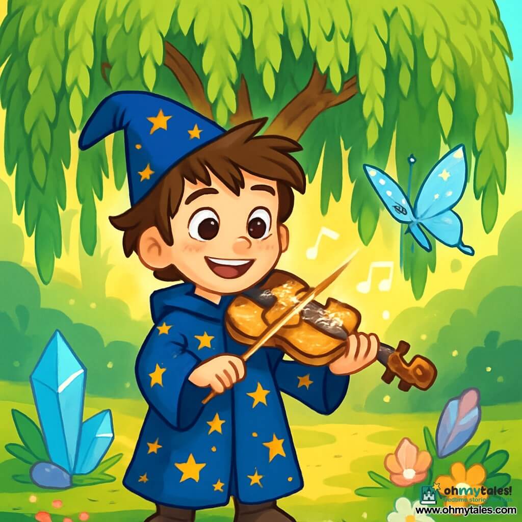A 12-year-old wizard boy named Theo stands at the center of the scene, with messy brown hair and sparkling curious eyes. He wears a midnight blue wizard robe adorned with golden stars and holds a small shimmering violin, his face lit up by a delighted smile. Next to him, a small magical creature, a silver butterfly, flits around him, its shiny wings capturing the light and adding a touch of magic to the atmosphere. In the background, a huge, majestic weeping willow tree with drooping branches and vibrant green leaves creates an enchanted ambiance. The scene takes place in a sunlit clearing surrounded by sparkling crystals and colorful flowers. Theo plays a magical melody on his violin, and glowing musical notes float in the air, while a soft, soothing whisper emanates from the tree, creating an atmosphere of mystery and wonder.