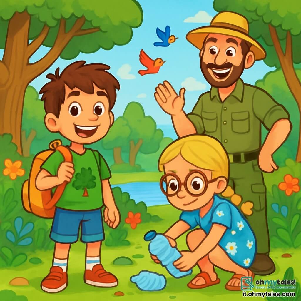 Ci sono 3 personaggi: - Luca: un ragazzo di 7 anni con capelli castani disordinati e occhi brillanti. Indossa una maglietta verde con un disegno di un albero e pantaloni corti di jeans. È in piedi, con uno zaino sulla spalla, sorridente con entusiasmo. - Giulia: una ragazza di 7 anni con capelli biondi intrecciati e occhiali rotondi. Indossa un vestito blu a fiori e sandali. È accovacciata, tiene in mano una bottiglia di plastica appena raccolta, con uno sguardo determinato. - Tommaso: un uomo adulto, ranger della riserva, con barba castana e cappello di paglia. Indossa una camicia kaki e pantaloni cargo. Si trova accanto a Luca e Giulia, incoraggiandoli con un grande sorriso. Il luogo è una splendida riserva naturale, piena di alberi maestosi, fiori colorati e un piccolo laghetto scintillante. Gli uccelli colorati volano nel cielo blu, e il terreno è coperto di foglie e piccole pietre. La scena principale mostra Luca e Giulia mentre raccolgono rifiuti nel bosco, determinati a proteggere l'ambiente, con Tommaso che li guida e li applaude per i loro sforzi.
