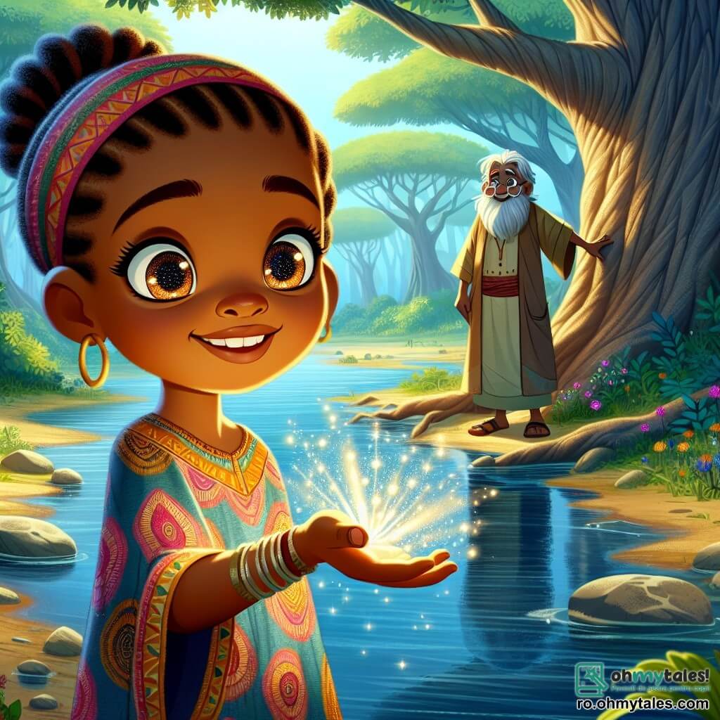 Amina, o tânără de aproximativ 12 ani, stă pe marginea unui pârâu cristalin, cu ochii strălucind ca stelele și un zâmbet radiant pe față. Poartă o rochie colorată din țesătură tradițională, împodobită cu motive africane, iar părul ei este împletit cu grijă, lăsând câteva șuvițe să fluture în vânt. Pare fascinată și plină de curiozitate, întinzându-și mâna spre o piatră strălucitoare care emite o lumină blândă. Aproape de ea, un bărbat în vârstă, înțeleptul satului, de aproximativ 60 de ani, o observă cu bunăvoință. Are o barbă căruntă și poartă o tunică simplă, privirea sa fiind plină de înțelepciune și mândrie. Se află ușor retras, sprijinit de un copac măreț, pregătit să o ghideze pe Amina în descoperirile sale. Locul este o pădure luxuriantă, unde copacii impunători stau ca niște gardieni tăcuți. Flori colorate presară solul, iar razele soarelui filtrează prin frunziș, creând o atmosferă magică. Pârâul murmurează ușor, adăugând o melodie liniștitoare scenei. Amina descoperă piatra magică la marginea pârâului, un moment de revelație în care își dă seama că a primit un dar special. Emoția descoperirii și promisiunea aventurilor viitoare se citesc pe fața ei, în timp ce înțeleptul zâmbește, conștient de importanța acestui moment pentru tânăra fată.