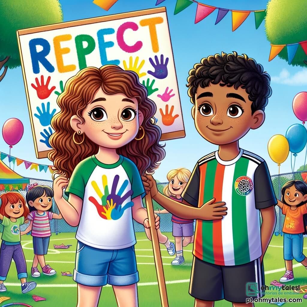 No centro da imagem, Clara, uma menina de 10 anos, com cabelos castanhos e cacheados, e olhos brilhantes de curiosidade, sorri amplamente. Ela usa uma camiseta colorida e um short, segurando um grande cartaz colorido com desenhos de mãos de diferentes cores e a palavra "Respeito" escrita em letras alegres. Clara expressa alegria e determinação, pronta para compartilhar sua mensagem. Ao lado dela, Amir, um menino de 10 anos, com pele morena e cabelos negros, admira Clara. Ele veste uma camisa de futebol e calças casuais, segurando também um cartaz. Amir demonstra orgulho e entusiasmo, feliz por fazer parte da iniciativa. Ao fundo, uma escola animada decorada com balões coloridos e faixas, onde crianças de diferentes origens brincam juntas, criando uma atmosfera de alegria e inclusão. Clara e Amir estão lado a lado, apresentando seus cartazes durante uma celebração na escola, unidos para promover o respeito e a amizade entre todos os alunos, independentemente de suas diferenças.
