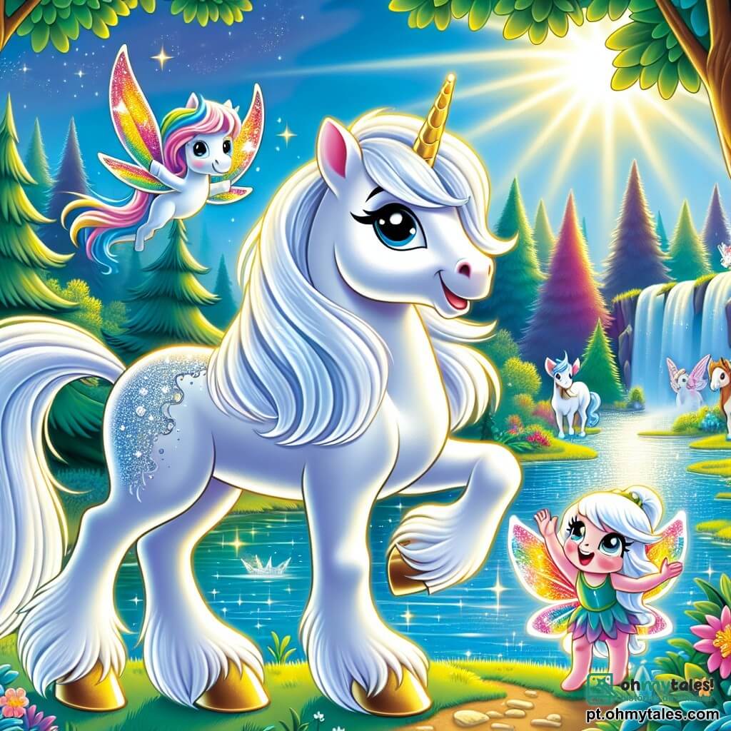 Um magnífico cavalo branco chamado Estrela, com uma crina brilhante ao sol, está orgulhosamente à beira de um lago cintilante, seus olhos brilhando de excitação e curiosidade. Ao seu lado, uma pequena fada chamada Lira, com asas coloridas como um arco-íris, voa alegremente ao seu redor, sorrindo e gesticulando com entusiasmo. Ao fundo, uma floresta encantada se ergue, cheia de árvores de cores vivas, flores vibrantes e criaturas mágicas que observam a cena com admiração. A cena principal mostra Estrela pronto para uma aventura mágica, com Lira o incentivando a dar o primeiro passo rumo ao desconhecido, suas silhuetas iluminadas pela suave luz da manhã.