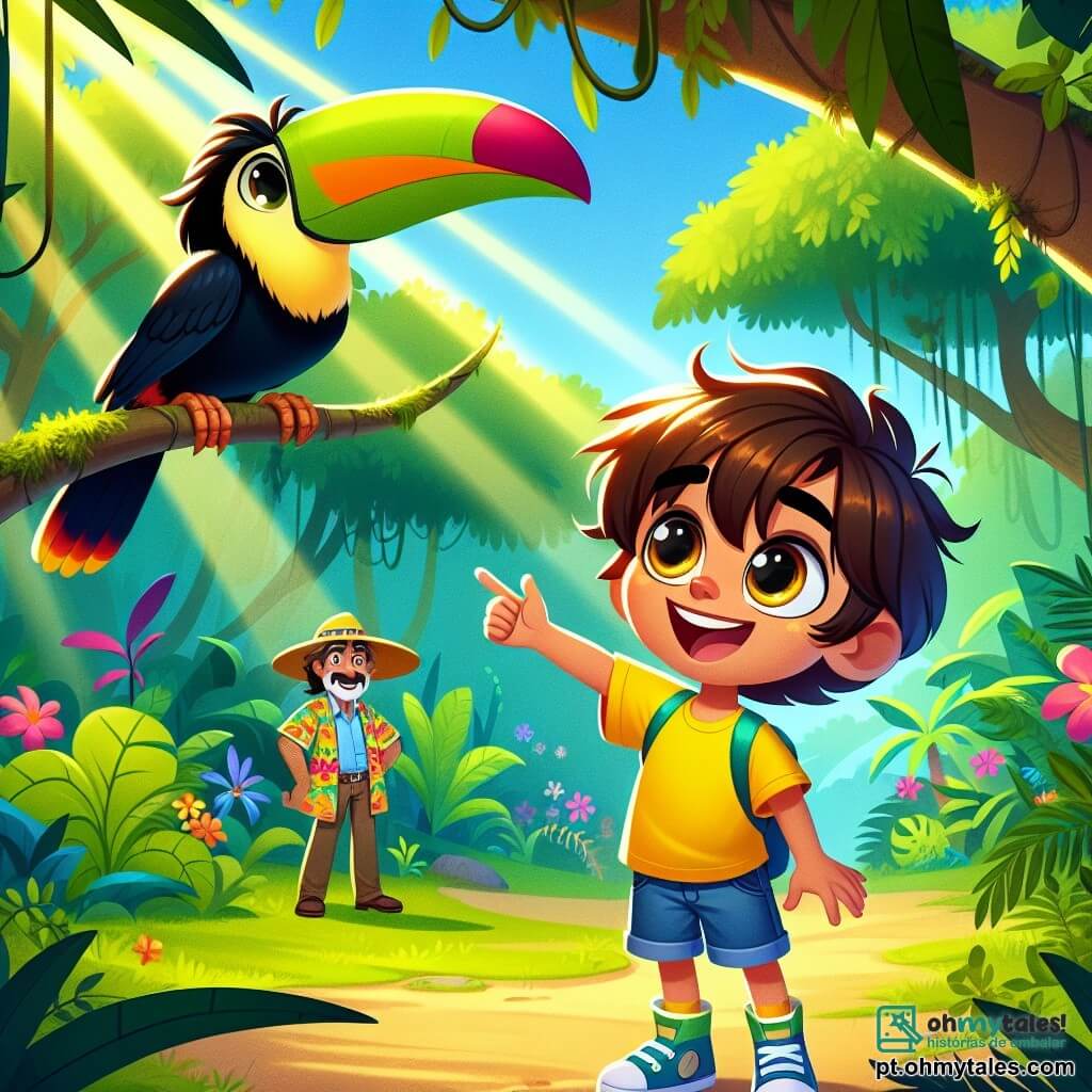 Um garoto de 6 anos, Lucas, com cabelos castanhos bagunçados e olhos brilhantes de curiosidade, está no centro da cena, maravilhado com a beleza da floresta. Ele usa uma camiseta amarela e um short de denim, e seu sorriso radiante mostra sua empolgação. Ao seu lado está Tico, um guia da floresta, um homem de cerca de trinta anos com uma roupa colorida e um grande sorriso amigável. Tico aponta para um lindo tucano empoleirado em um galho, enquanto Lucas observa com olhos arregalados. O local é uma floresta tropical exuberante, cheia de árvores majestosas, flores coloridas e raios de sol filtrando pelas folhas, criando uma atmosfera mágica. Sons de animais e o canto dos pássaros ecoam no ar. A cena principal mostra Lucas e Tico explorando, encantados com a descoberta de um tucano colorido, simbolizando o deslumbramento e a magia da natureza ao seu redor.