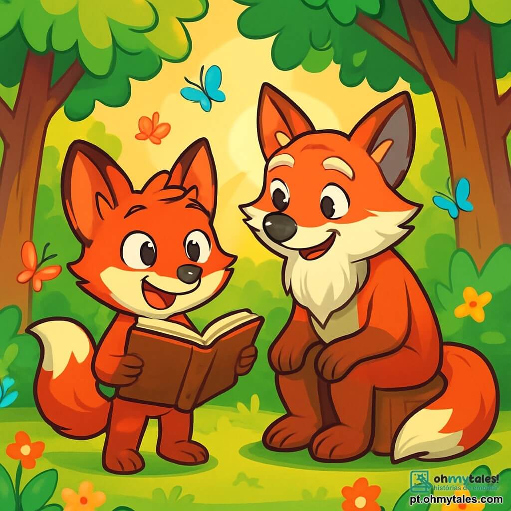Um jovem raposo de pelagem vermelha viva e olhos brilhantes de curiosidade, Leo, está no centro de uma clareira ensolarada, parecendo ao mesmo tempo animado e um pouco nervoso, segurando um velho livro aberto com as patas. Ao seu lado, Vovô Rubro, um raposo idoso com pelagem grisalha e olhos sábios, sorri calorosamente, sentado em um tronco de árvore, compartilhando uma história com orgulho. A clareira é cercada por árvores majestosas com folhas verdes vibrantes, salpicada de flores coloridas e banhada pela luz dourada do sol, criando uma atmosfera alegre e acolhedora. Leo, enquanto descobre suas raízes, é cercado por borboletas multicoloridas que voam ao seu redor, adicionando um toque mágico à cena.