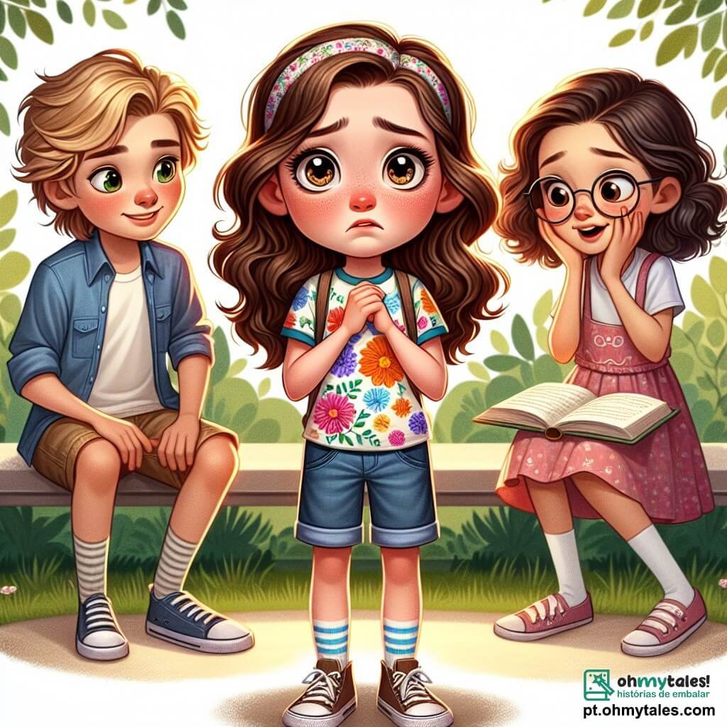 No centro da imagem, uma menina de 10 anos chamada Clara, com longos cabelos castanhos e olhos brilhantes, está em pé, com o rosto vermelho de vergonha e as mãos na cintura. Ela usa uma camiseta colorida com estampas de flores e um short de jeans, enquanto olha para seus amigos com uma expressão de nervosismo, pronta para confessar sua mentira. À sua direita, Lucas, um garoto de 10 anos com cabelos loiros bagunçados e óculos redondos, está sentado em um balanço, com uma expressão curiosa e encorajadora. Ele veste uma camiseta azul e um short caqui, e olha para Clara com um sorriso amigável, pronto para apoiá-la. À esquerda, Sofia, uma menina de 9 anos com cabelos cacheados e um vestido rosa, está sentada na grama, com os braços cruzados, exibindo uma expressão de compreensão e empatia. Ela segura um livro aberto em seu colo, pronta para ouvir a história de Clara. O local da cena é um parque ensolarado, com árvores verdes e flores coloridas ao longo de um caminho de cascalho. Ao fundo, vê-se um escorregador e crianças brincando, criando uma atmosfera alegre e animada. A situação principal mostra Clara, no meio de seus amigos, respirando fundo para confessar sua mentira sobre o tesouro, enquanto Lucas e Sofia a ouvem atentamente, prontos para encorajá-la e mostrar que estão lá para ela, aconteça o que acontecer.