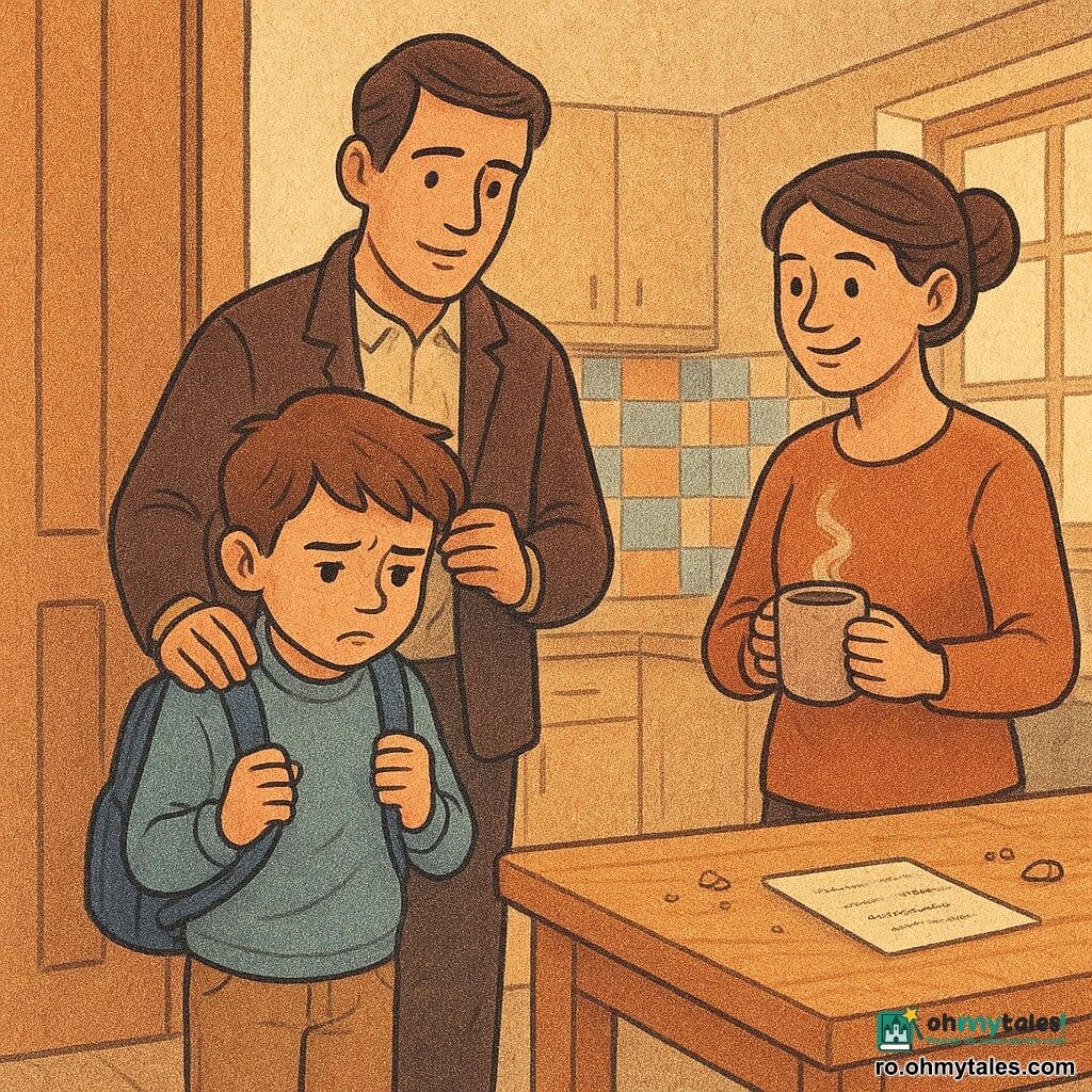Un băiat de 8 ani anxios, cu sprâncene încruntate și mâini care strâng breteaua unui ghiozdan albastru, stă ușor gârbovit lângă ușă; mama (30–40 ani), păr prins, zâmbește atent brodând o cană de cacao, iar tatăl (30–40 ani) pune ghiozdanul jos și ajustează o jachetă pentru a-l susține; bucătăria caldă și luminoasă, cu masă din lemn, un bilet alb și o rază de soare, surprinde dimineața înainte de școală, când părinții îl încurajează într-o atmosferă blândă și paletă caldă.