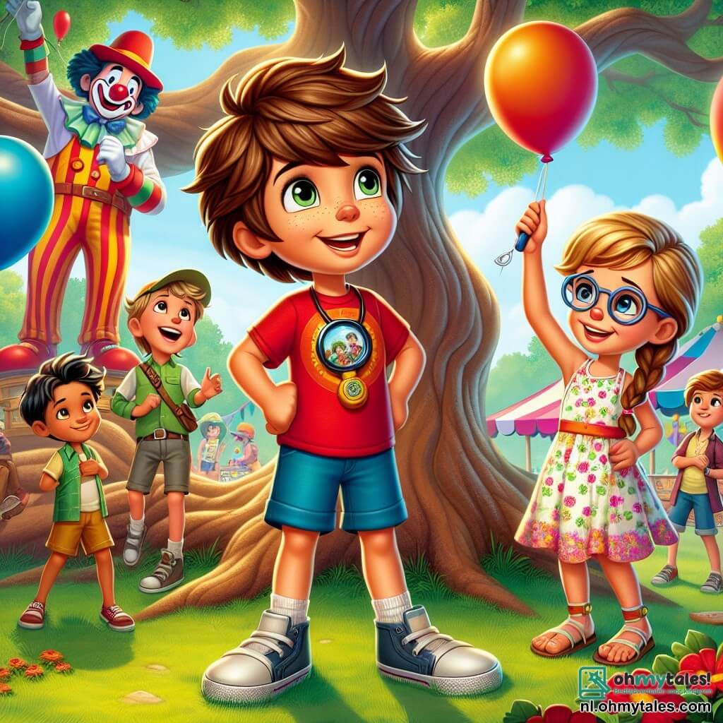 Een 7-jarig jongetje, Tim, met rommelig bruin haar en nieuwsgierige ogen, staat in het midden van de afbeelding en kijkt opgewonden naar een grote clown die ballonnen opblaast. Tim draagt een rode t-shirt met een detectivepatroon en een blauwe short, zijn gezicht straalt enthousiasme en avontuur uit. Naast hem staat Lisa, een 7-jarig meisje met gevlochten blond haar, die glimlacht terwijl ze een plastic vergrootglas vasthoudt, klaar om te helpen. Ze draagt een kleurrijke jurk met bloemenpatronen en sandalen. Iets verderop observeert Sam, een 7-jarig jongetje met een bril en zwart haar, de scène aandachtig met zijn armen gekruist, met een vastberaden blik. Hij draagt een groene t-shirt en een spijkerbroek. De scène speelt zich af onder een grote majestueuze eik met brede takken die een uitnodigende schaduw creëren. Kleurrijke ballonnen zweven eromheen en kinderen spelen op de achtergrond, wat een feestelijke sfeer toevoegt. De hoofdactie toont Tim en zijn vrienden die de clown ontdekken die zich achter de struiken verstopt, allemaal klaar om het mysterie van de verdwenen ballonnen op te lossen, met uitdrukkingen van verrassing en opwinding op hun gezichten.