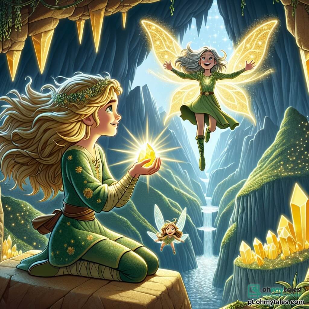 Eira, uma jovem corajosa de cerca de 16 anos, está no topo da majestosa Montanha de Caer. Ela tem longos cabelos ondulados e brilhantes como raios de sol, vestindo uma túnica verde com padrões florais. Seu rosto expressa uma determinação radiante, com olhos cheios de curiosidade. Em suas mãos, ela segura a luminosa Pedra das Almas, que emite um suave brilho dourado. Ao seu lado, Lira, uma pequena fada com asas cintilantes, flutua alegremente. Com cabelos prateados e vestindo um vestido feito de pétalas de flores, Lira sorri com orgulho, admirando Eira. O cenário é espetacular: a caverna é iluminada por cristais brilhantes que reluzem como estrelas, com paredes cobertas de musgo verde e cipós, criando uma atmosfera mágica. Eira, triunfante, levanta a Pedra das Almas para o céu, pronta para restaurar o equilíbrio em seu mundo, enquanto raios de luz dourada emanam da pedra, iluminando a caverna e revelando a beleza deste lugar encantado.