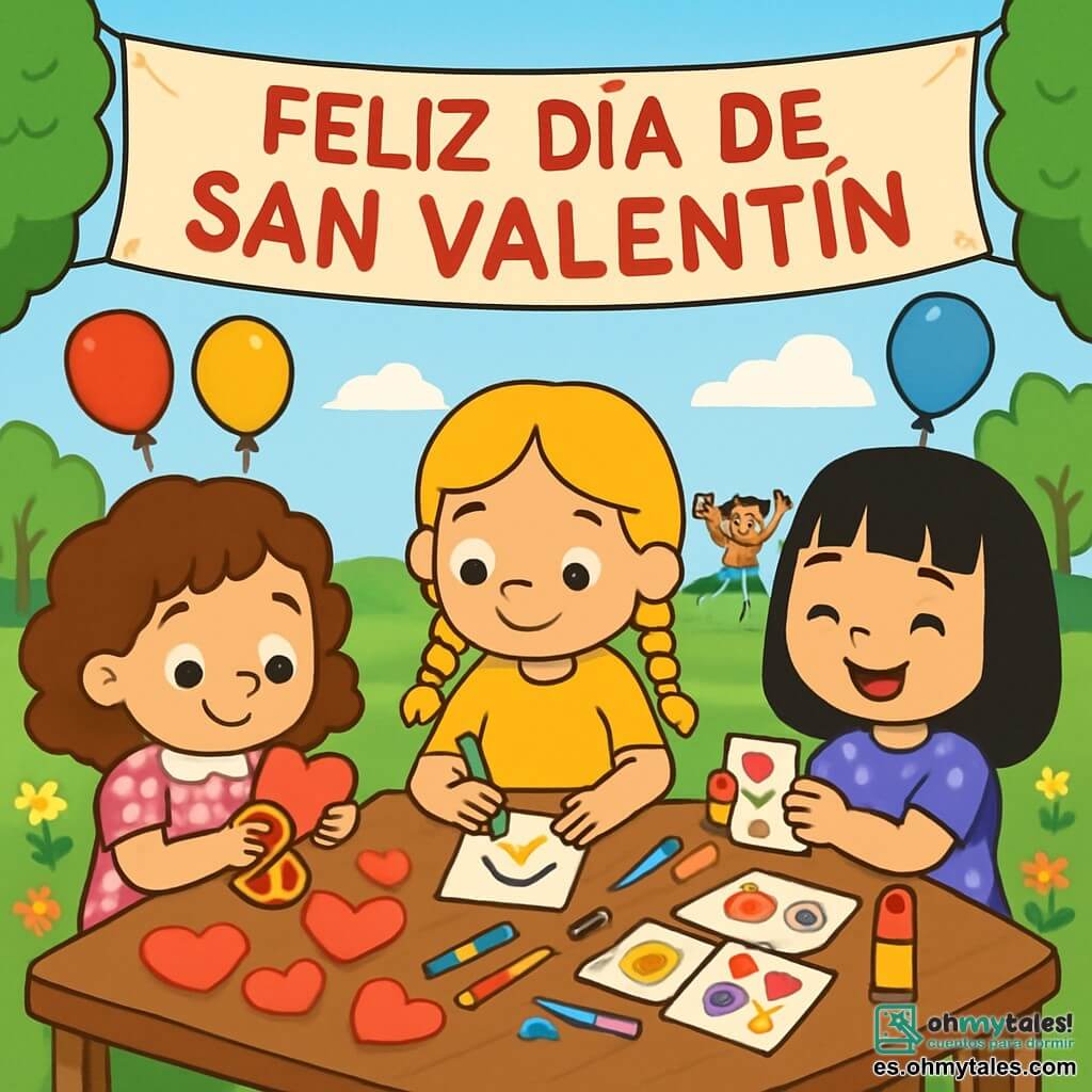 Hay 3 personajes: - Sofía: una niña de 5 años con cabello rizado castaño, vestida con un vestido rosa con lunares blancos. Está recortando corazones de papel en una mesa. - Valeria: una niña de 5 años con cabello rubio trenzado, vestida con una blusa amarilla y pantalones azules. Está dibujando sonrisas en tarjetas con lápices de colores. - Luna: una niña de 5 años con cabello negro lacio, vestida con un vestido violeta con estrellas. Está pegando calcomanías de flores y corazones en las tarjetas, sonriendo alegremente. Las tres amigas están sentadas alrededor de una gran mesa de madera, llena de papeles de colores, tijeras, pegamento y lápices. El lugar es un parque soleado, lleno de flores multicolores, árboles verdes y globos flotantes. En el fondo, niños juegan y ríen, mientras una gran pancarta "Feliz Día de San Valentín" ondea sobre ellos. La situación principal muestra a las tres amigas creando tarjetas de San Valentín, rodeadas de corazones de papel y sonrisas, compartiendo su alegría y amistad en un ambiente festivo y colorido.