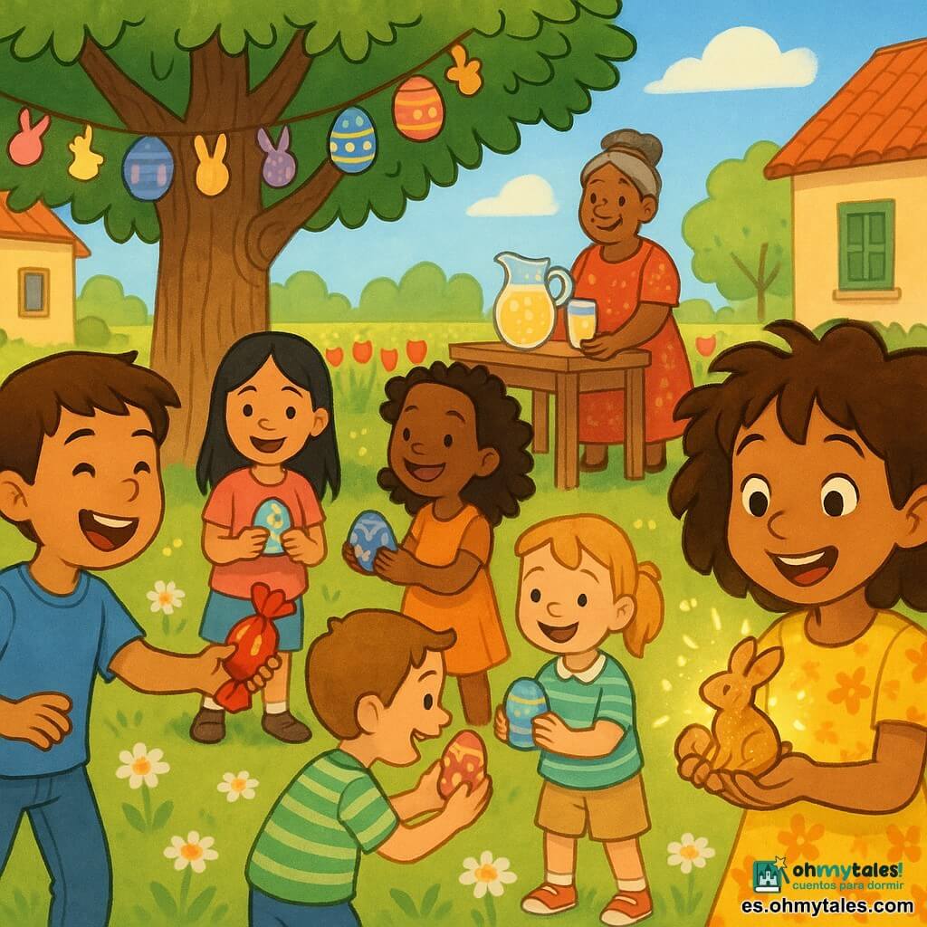 Mía, niña de 8 años, sonriente y asombrada, cabello castaño rizado algo despeinado, vestido amarillo con flores, sostiene un pequeño conejo de madera que brilla dorado; Lucas, niño de 8 años, cabello castaño corto, camiseta azul y vaqueros, ríe ofreciendo un huevo de chocolate envuelto en papel rojo y está a la izquierda de Mía; la señora Pilar, mujer de unos 50 años, pelo gris recogido en moño, vestido estampado, acerca una jarra de limonada junto a una mesa de madera al fondo; plaza de pueblo soleada con un gran roble de tronco rugoso, campo de tulipanes multicolor, guirnaldas y huevos decorados en las ramas, césped con margaritas; varios niños en círculo intercambiando huevos coloridos y riendo, el conejo de Mía destella dorado, ambiente cálido y alegre con colores vivos y luz dorada matinal.