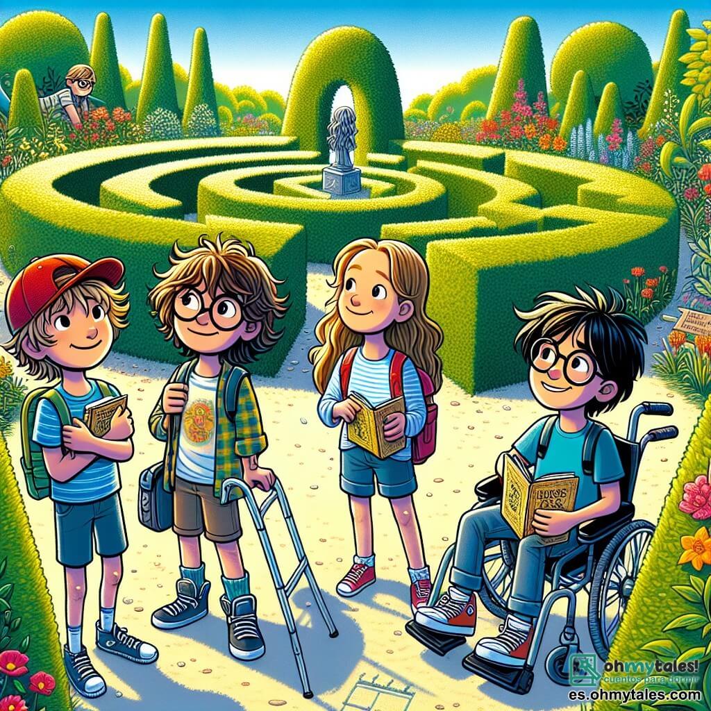 En un pequeño parque soleado, cuatro amigos están juntos, listos para una aventura. Lucas, un niño de diez años con cabello castaño desordenado y gafas redondas, sostiene un mapa del tesoro con emoción. A su derecha, Sofía, una niña de nueve años con cabello largo y rubio, lleva una gorra roja y sonríe mientras sostiene un cuaderno. A la izquierda, Javier, un niño de diez años con cabello negro y camiseta azul, observa con curiosidad un viejo laberinto de plantas. Finalmente, Daniel, un niño de ocho años en silla de ruedas, con gafas y una sonrisa radiante, admira a sus amigos. El parque está lleno de flores coloridas, grandes árboles verdes y un cielo azul brillante. En el centro, un misterioso laberinto de altas setos invita a los niños a explorar sus secretos. Los amigos han descubierto un antiguo laberinto en el parque y están listos para resolver enigmas en busca de un tesoro escondido, con emoción y amistad reflejadas en sus rostros mientras se acercan a la entrada del laberinto, listos para vivir una aventura inolvidable.