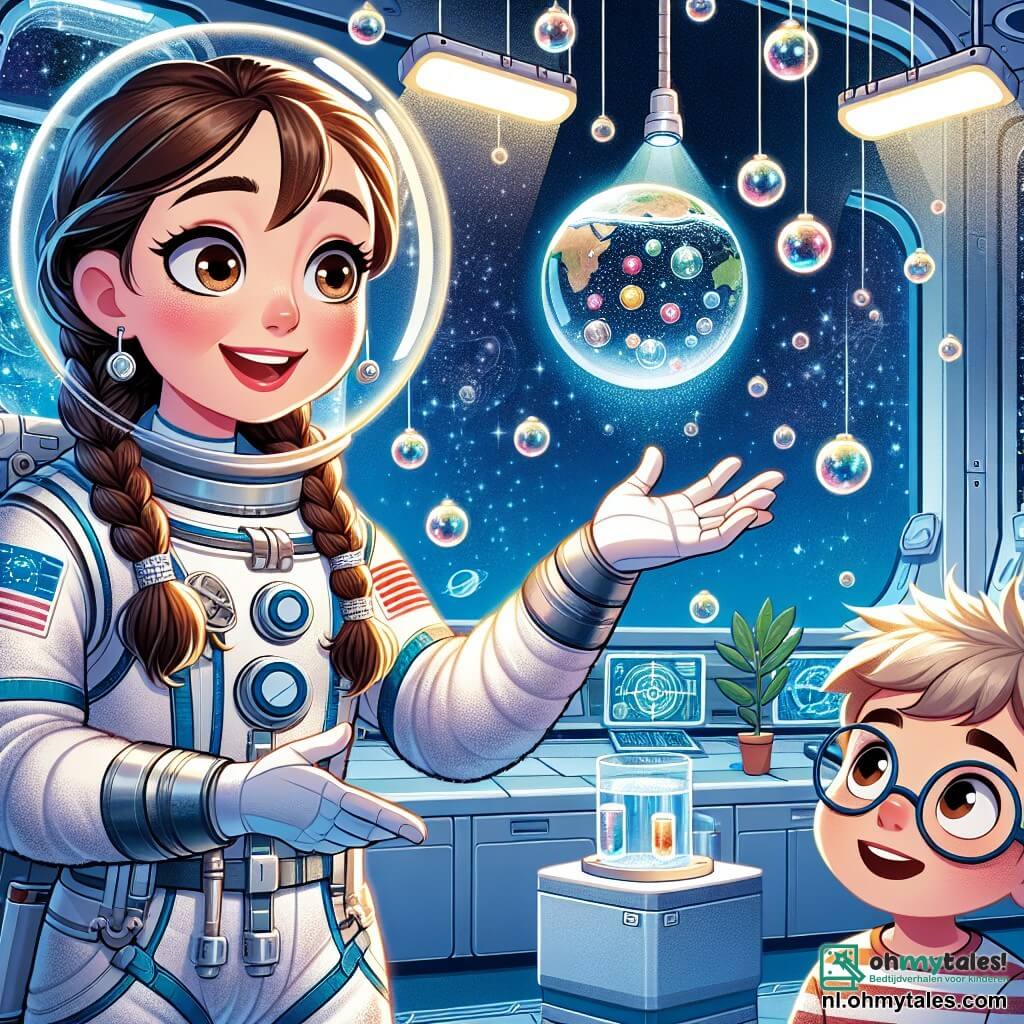 Een astronaut, Eva, is een vrouw met gevlochten bruin haar, gekleed in een wit en zilver ruimtepak, met een stralende glimlach en sprankelende ogen van opwinding. Ze zweeft in de lucht, omringd door dansende waterbellen. Naast haar kijkt een jongen van ongeveer 10 jaar, met een bril en wild blond haar, verwonderd met grote ogen, terwijl hij met zijn vinger naar een bolvormige waterdruppel wijst. De achtergrond is het interieur van een laboratorium van het International Space Station, met glanzende metalen muren, verlichte controlepanelen en zwevende wetenschappelijke instrumenten. Potplanten hangen, verlicht door futuristische lampen. De hoofdscène toont Eva die aan kinderen op aarde uitlegt hoe ze eet en slaapt in de ruimte, terwijl een waterdruppel voor haar zweeft en het licht van de sterren door het raam vangt.