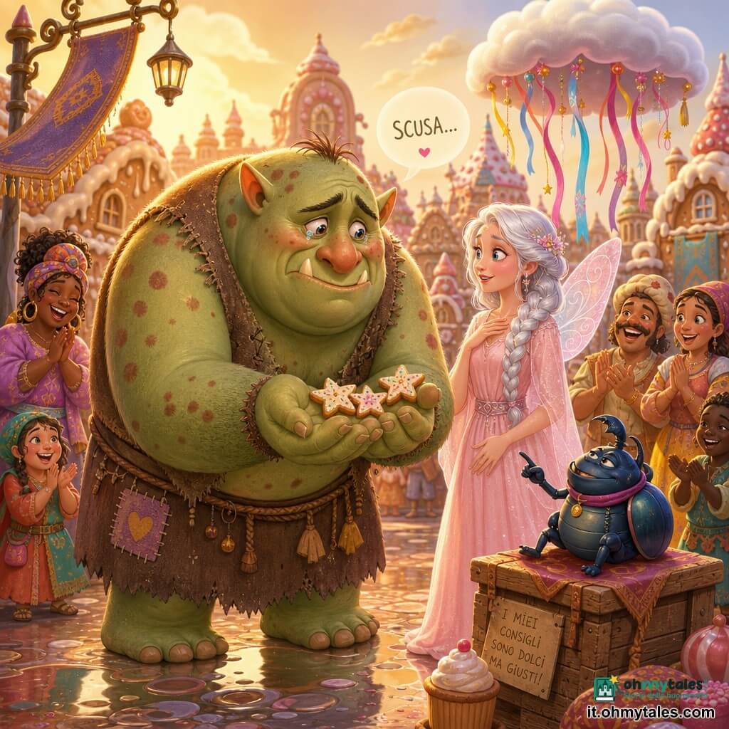 Un enorme e rotondo orco dal chiaro aspetto di orco, pelle verde pallido con macchie rossastre, espressione timida e occhi lucidi; porge delicatamente tre biscotti a forma di stella con mani larghe e pelose che tremano leggermente. Alla sua destra una fata donna dall'aspetto di adulta magra (120 anni stimati), capelli argento intrecciati e vestito rosa pastello, lo guarda con dolce sorpresa vicino a un piccolo ombrello-nuvola con nastri colorati. In primo piano uno scarafaggio sorridente su una cassa del mercato, malizioso e saggio, indica come per dare un consiglio. Il villaggio è una valle di casette di pan di zenzero dai tetti zuccherati, un tappeto volante appeso ai lampioni e una pozza riflettente; colori vivaci, luce dorata di tardo pomeriggio. Momento della scusa: l'orco offre i biscotti, la fata esita poi sorride, gli abitanti sullo sfondo applaudono ridendo; atmosfera accogliente e leggermente comica, stile grafico con campiture lisce, contorni arrotondati e palette pastello saturata.