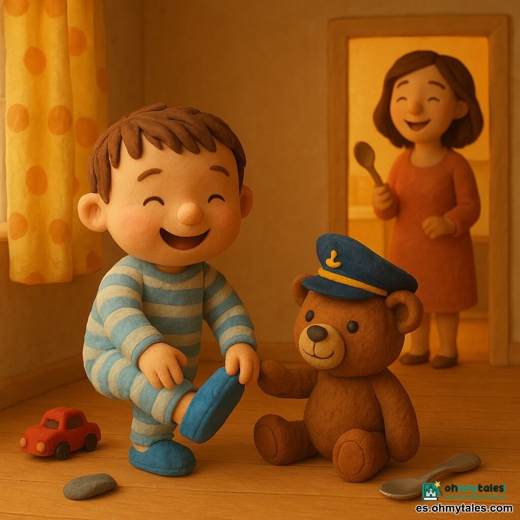 Un niño de 2 años, alegre y curioso, de pelo castaño corto y mejillas redondas, con pijama a rayas y calzándose unas zapatillas azules mientras sonríe; a su lado un osito de peluche marrón llamado Pipo, con sonrisa cosida y un ojo algo más grande, le ofrece un pequeño sombrero de capitán de fieltro; la madre, de unos 30 años, amable y dulce, aparece en la puerta de la cocina cantando y sujetando una cuchara de madera con una sonrisa cálida; la habitación, bañada por una luz dorada matinal que entra por una ventana con cortinas de lunares, tiene suelo de madera claro con un cochecito rojo, una zapatilla perdida y una cuchara plateada brillante; la escena muestra al niño dispuesto a explorar en casa, con gran sonrisa, listo para partir con su osito capitán, en una atmósfera suave, colores vivos y texturas visibles de plastilina.