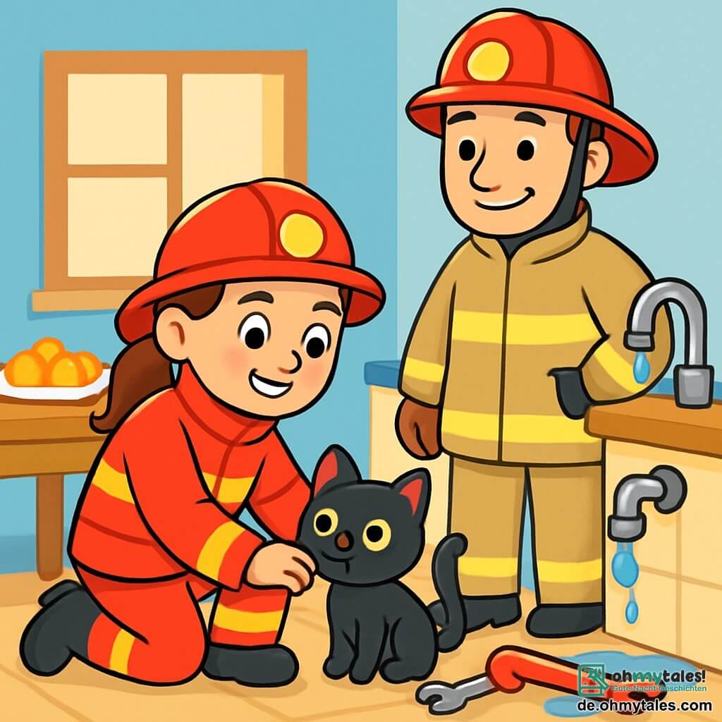 Eine junge Feuerwehrfrau, Lara, lächelt entschlossen in ihrem leuchtend roten Anzug mit glänzenden gelben Streifen. Sie hat braune Haare zu einem Pferdeschwanz gebunden und strahlende Augen. Sie hockt und streichelt eine kleine schwarze Katze namens Mia, die neugierig mit ihren großen runden Augen schaut. Neben ihr steht ein erfahrener Feuerwehrmann, Ben, in seinen Dreißigern, mit einem warmen Lächeln. Er trägt einen Feuerwehrhelm und eine Schutzjacke und beobachtet Lara stolz. Die Szene spielt sich in einer einladenden Küche mit hellblauen Wänden und einem Holztisch ab, auf dem goldene Brötchen liegen. Ein Wasserhahn tropft sanft und bildet kleine Pfützen auf dem gefliesten Boden. Lara und Ben arbeiten gemeinsam an einem Wasserleck, umgeben von Werkzeugen. Die Atmosphäre ist fröhlich und von Teamarbeit und Solidarität geprägt.