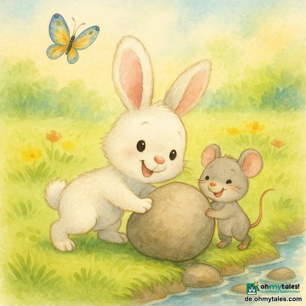 Die Hauptfigur ist ein kleiner weißer Hase mit großen rosa Ohren, rundem glänzendem Blick und flauschigem Fell, der mit den Vorderpfoten einen großen Stein vor sich herschiebt; die Nebenfigur ist eine etwas kleinere graue Maus mit rosa Backen rechts neben ihm, die ebenfalls schiebt; ein blau-oranger Schmetterling fliegt über ihnen, im Hintergrund eine helle grüne Wiese mit vereinzelten gelben und roten Blumen, ein glitzernder Bach mit glatten Steinen und ein pastellfarbener Himmel; die Szene zeigt die beiden, wie sie gemeinsam den Stein wegschieben, freundliche, kooperative Stimmung, zarter Aquarellstil mit hellen Farben und feinen Konturen.