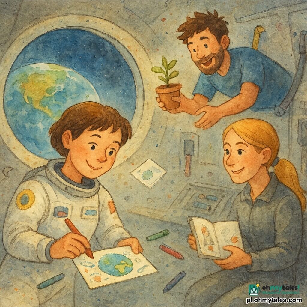 Magda, astronautka o promiennym, skoncentrowanym wyrazie twarzy i krótkich kasztanowych włosach, w białym miękkim skafandrze z kolorowymi naszywkami, unosi się przy dużym oknie i rysuje kosmiczną pocztówkę flamastrami z lekkim uśmiechem; Sophie, z długimi blond włosami związanymi w kucyk, w szarej roboczej odzieży, siedzi przy panelu sterowania z notesem rysunkowym i patrzy na Magdę rozbawiona; Bartek, z brodą i figlarnym spojrzeniem, w niebieskim t‑shircie, unosi się z lewitującą doniczką, podając roślinę Magdzie; wnętrze stacji jest okrągłe, o miękkim świetle, z metalowymi panelami, kolorowymi pasami i magnetycznymi narzędziami, a przez duże okno widać niebiesko‑zieloną Ziemię w chmurach; scena przyjaźni — trójka astronautów dekoruje i dzieli się pocztówką, przedmioty i kartki unoszą się lekko, panuje ciepła, radosna atmosfera.