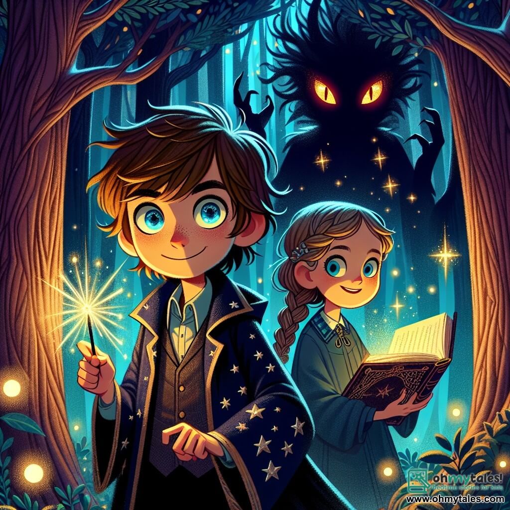 A young wizard apprentice, Oliver, a nine-year-old boy with messy brown hair and sparkling curious eyes, stands at the center of the scene. He wears a midnight blue wizard robe adorned with silver stars, and his face shows bright determination as he raises his wand, a golden glow emanating from its tip. Beside him is his best friend Lucy, a ten-year-old girl with braided blonde hair and a mischievous smile, holding an open spellbook, her eyes shining with excitement. The setting is an enchanted forest, where majestic trees shimmer like gems under the moonlight. Fireflies dance around them, creating a magical atmosphere. In the background, a dark silhouette, the Shadow Serpent, looms, with glowing red eyes and a body swirling with darkness. The main scene shows Oliver and Lucy united in a moment of bravery, ready to face the Shadow Serpent, surrounded by bursts of magical light symbolizing their courage and friendship in the face of adversity.