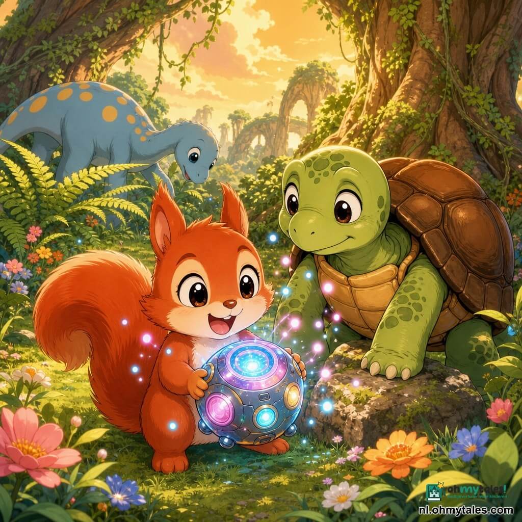 Pim is een kleine roodbruine eekhoorn met glanzende ronde ogen en een verwonderde glimlach, hij houdt een kleine ronde fonkelende machine met kleurrijke knoppen; Tobi is een oude groene schildpad met een bruine schaal en een rustig vriendelijk gezicht, die langzaam naast Pim staat met een poot op een steen; op de achtergrond kijkt een pastelblauwe babydinosaurus met gele vlekken nieuwsgierig en snuffelt bij een grote varen; het decor is een oude groene weide met reusachtige bomen, lianen, kleurrijke bloemen en een warm gouden hemel; de machine straalt blauw en roze licht, trilt zacht en spuwt ronde vonkjes; de sfeer is vrolijk en magisch, warme kleuren, zachte texturen, afgeronde lijnen en duidelijke contouren, compositie gecentreerd op Pim en de machine in een kindvriendelijke manga-stijl.