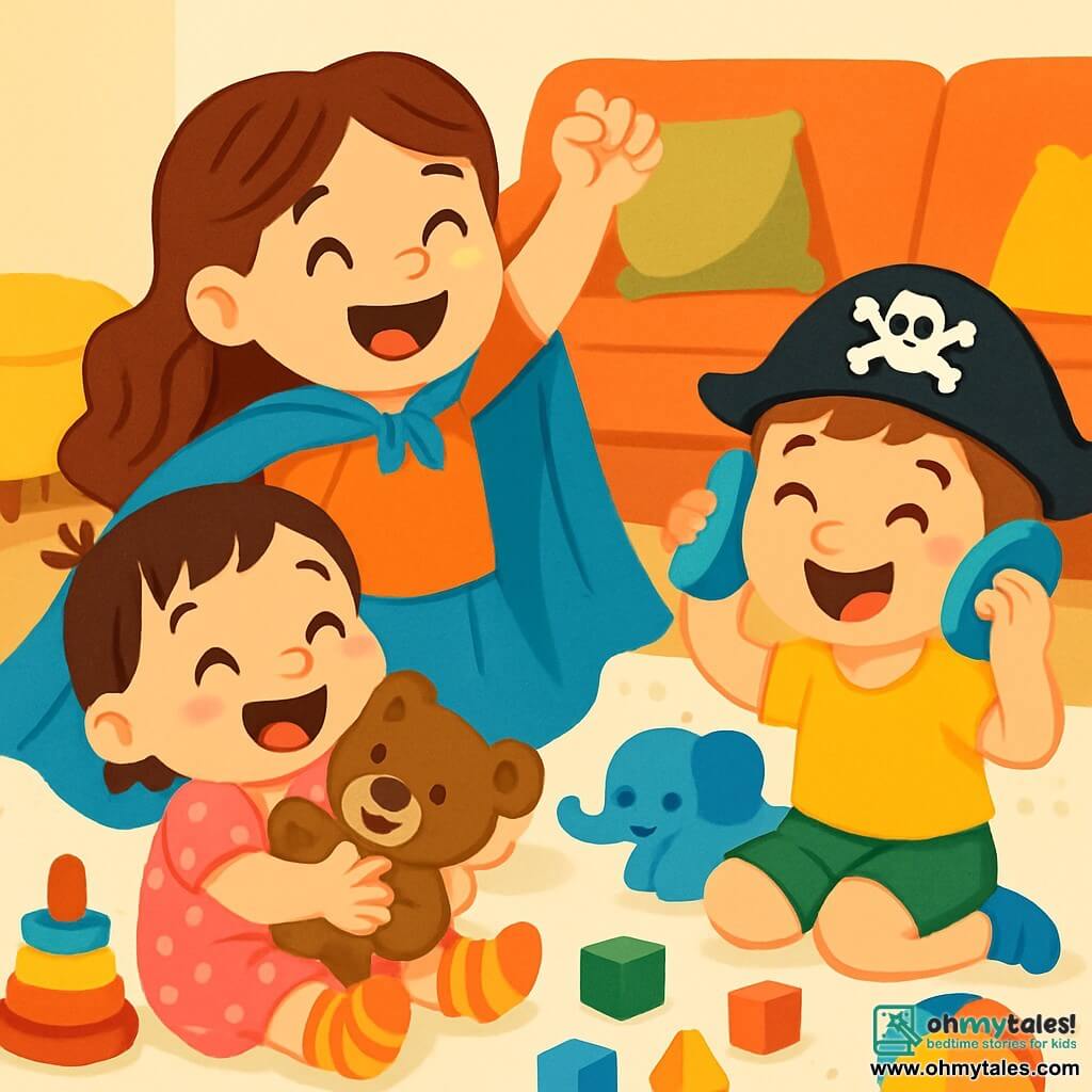 A 2-year-old girl, Mia, with big bright eyes and a radiant smile, is sitting on the floor surrounded by colorful toys. She is wearing a little pink polka dot dress and striped socks, laughing joyfully while holding a teddy bear in her arms. Next to her, her 5-year-old sister Anna, with long curly hair, is wearing a cape made from a blue blanket. She smiles and strikes a heroic pose with her arms raised like a superhero. A bit further away, their 4-year-old brother Max, with short hair and a pirate hat, is laughing while trying to put shoes on his ears. The scene takes place in a bright living room with a fluffy rug and colorful cushions scattered around. Wooden toys and stuffed animals are spread across the floor, and a large comfortable sofa is in the background. Mia, Anna, and Max are having fun together on a secret mission, laughing and playing while trying to save their teddy bear, creating a joyful and laughter-filled atmosphere.