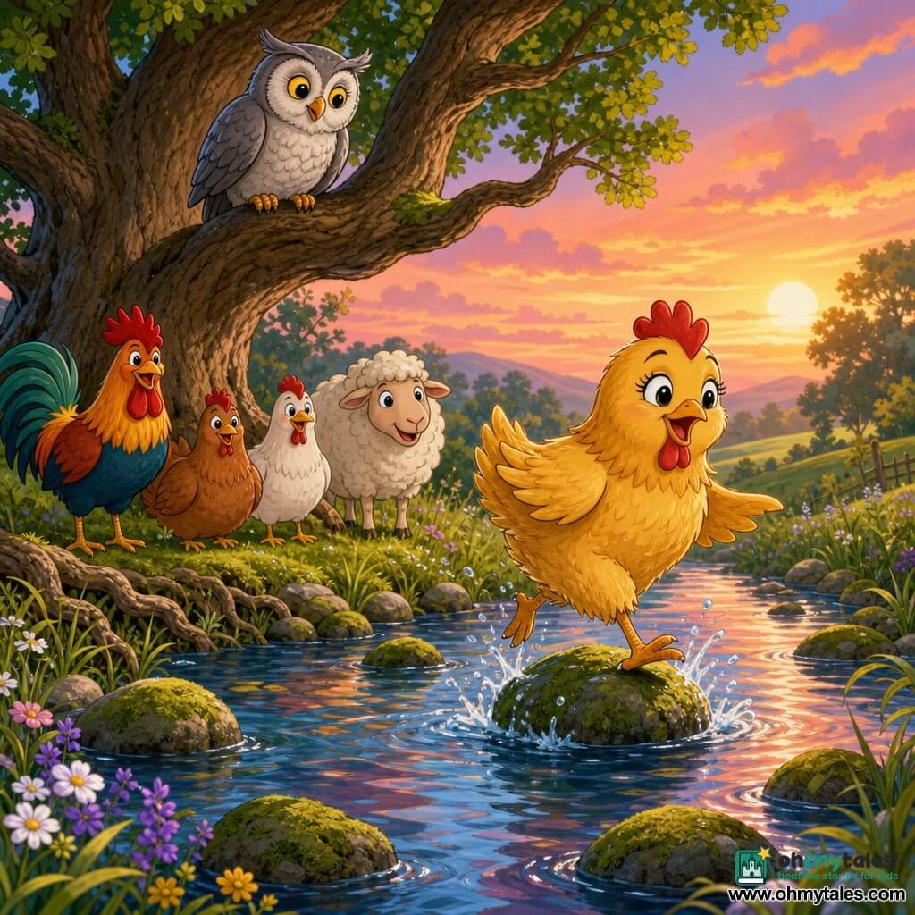 A small proud hen named Daisy with slightly ruffled golden feathers, bright eyes and an open beak as if singing steps onto a slippery stone to cross a sparkling twilight stream with droplets splashing; a wise grey owl with large round eyes watches benevolently from a low oak branch to the left; in the background under the gnarled oak a colorful rooster, a white sheep and two curious hens stand on the bank among mossy stones, tall grass and wildflowers as the clear water reflects pink and orange hues—a warm, luminous moment of triumph.