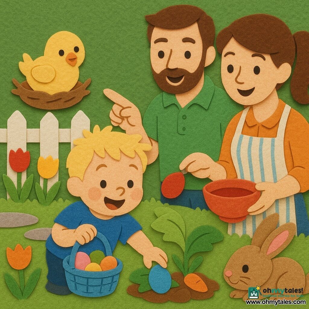 A joyful, wide-eyed 2-year-old blond boy with chubby cheeks holds a small blue wicker basket of colored eggs while his smiling mother (about 30, brown hair in a ponytail, wearing a striped apron) holds a bowl of red dye at his right; the calm father (about 32, short beard, green polo) stands behind pointing at an egg hidden under a leaf to the left. Nearby a fluffy yellow chick in a nest by a white wooden fence peeps at the boy and a light brown rabbit with a pink nose sniffs near a tuft of orange carrots in the foreground. Scene: a sunny garden with green lawn, red and yellow tulips, a gray stone path and a small white fence in the background — a bright, colorful Easter egg hunt rendered with simple shapes suitable for a felt-board illustration.