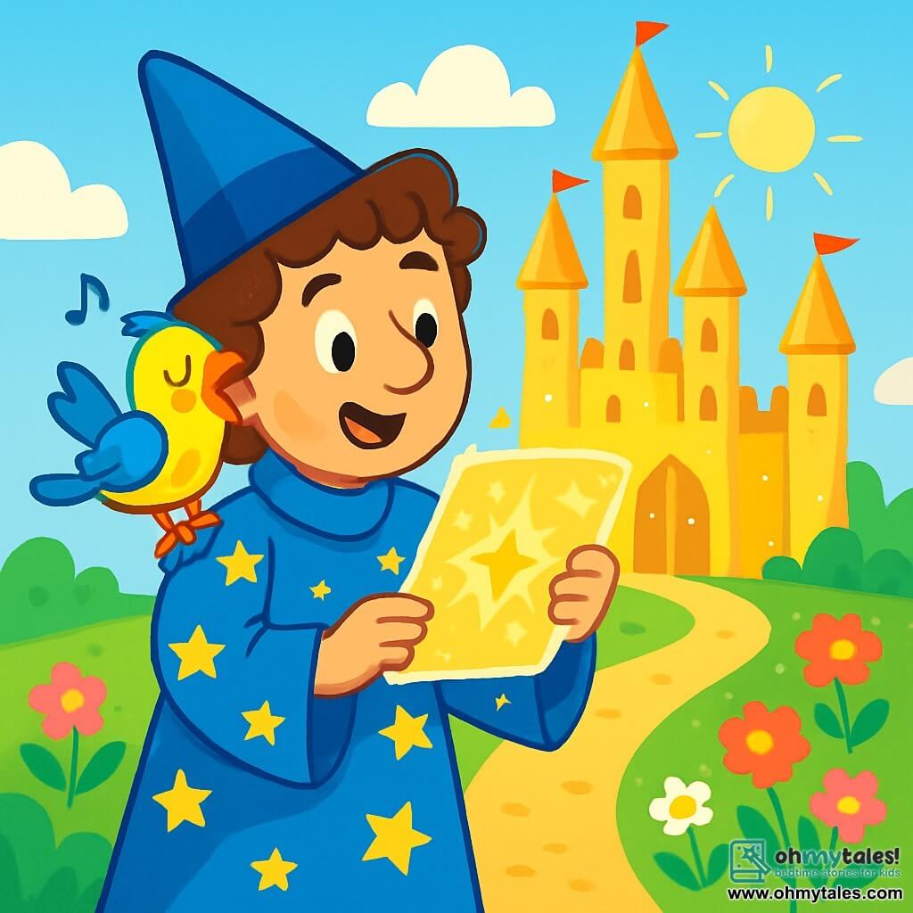 A man named Leonardo, wearing a long blue robe adorned with golden stars, stands with a delighted smile on his face. He has curly brown hair and wears a pointed hat. Next to him, a small colorful bird named Pippo, with yellow and blue feathers, is perched on his shoulder, singing joyfully. They are in front of a magnificent golden castle with tall towers, sparkling under the sun, surrounded by blooming gardens and fluttering flags. The scene depicts Leonardo holding a glowing magical map, ready to explore the wonders of the castle.