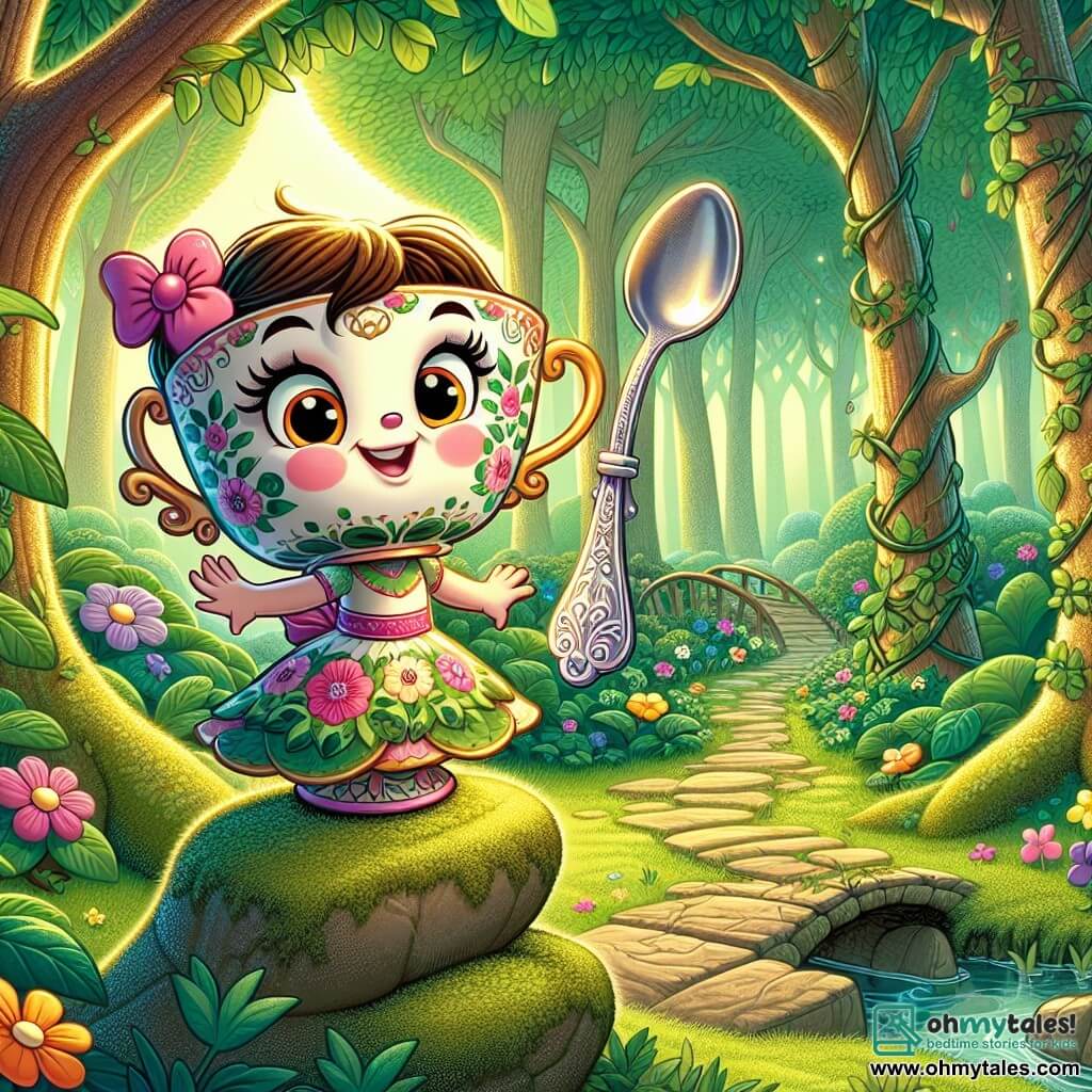 In an enchanted forest, Tilly, a small teacup with sparkling eyes and a radiant smile, stands on a mossy stone with her arms raised enthusiastically, ready for adventure. Her delicate body is adorned with colorful floral patterns, filled with courage and excitement. Beside her, Sammy, a shiny metal spoon, wears a determined expression with a slight smile, firmly standing on the same stone, ready to follow Tilly, his elegant curves reflecting sunlight filtering through the leaves. The setting is a lush forest with majestic trees rising towards the sky, their leaves shimmering in the sunlight. Colorful flowers line the path, and a gentle stream winds through the landscape, adding a touch of magic. The main scene shows Tilly and Sammy preparing to cross a woven vine bridge leading to a mysterious clearing where enchanted creatures await to entrust them with an important quest.