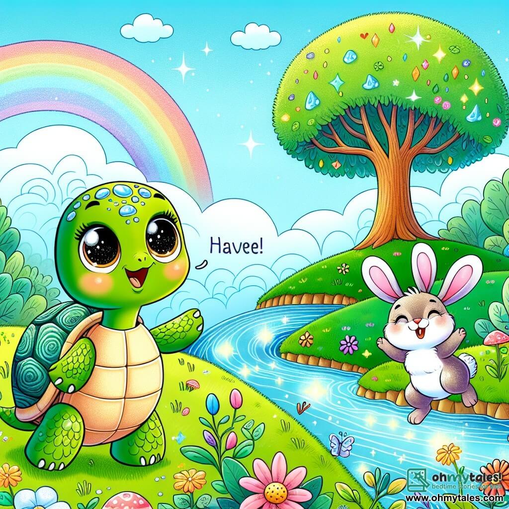 A little turtle named Tilly, with a shell shining like a drop of dew, stands atop a green hill. She has big, sparkling eyes full of joy and a proud smile, expressing her bravery. Beside her, a small rabbit named Bunny, with long floppy ears and fur as soft as cotton, hops joyfully. He is full of energy and looks at Tilly with admiration, ready to cheer her on. The landscape is enchanting, with a clear blue sky dotted with fluffy clouds, colorful flowers dancing in the breeze, and a sparkling stream below, where the water gently murmurs. The scene shows Tilly and Bunny at the top of the hill, celebrating their adventure after finding the majestic magic tree, whose leaves shine like emeralds in the sun.