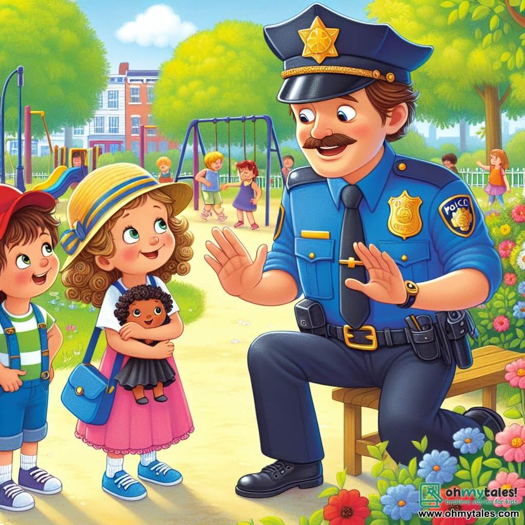 Policeman Tom, a smiling and friendly man, wears a blue uniform with a large golden star on his chest. He has brown hair and a thin mustache, and he is happily talking to children in the park. Next to him, a 7-year-old girl, Anna, with curly hair and a pink dress, listens with wide eyes, holding a doll in her arms. A 6-year-old boy, Ben, wearing a red hat, laughs and mimics a dog while waving his arms, slightly apart but very attentive to the conversation. The scene takes place in a sunny park with green trees and colorful swings in the background. Multicolored flowers line the path, and children are joyfully playing around them. The main situation shows Policeman Tom telling a funny story about a lost dog, while Anna and Ben listen with fascination, creating an atmosphere of joy and camaraderie.
