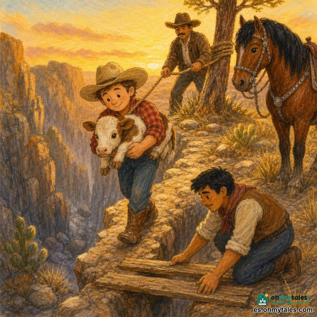 Un hombre llamado Mateo, rostro redondo y sonriente pese a la concentración, ojos marrones, piel clara, sombrero beige arrugado, camisa a cuadros roja y botas polvorientas, avanza con cautela por un sendero rocoso estrecho llevando una pequeña becerra en brazos; dos vaqueros —uno de unos 30 años, piel bronceada, bigote fino y chaqueta marrón que sujeta una gruesa cuerda atada a un árbol en el plateaus, otro de unos 25 años, cabello negro corto, agachado colocando tablas sobre grietas para formar un puente— y un caballo llamado Trueno, grande y bayo con crin negra y brida adornada de plata, esperan tranquilos en terreno firme; escenario: garganta profunda de paredes ocre y grises con piedras caídas, hierbas secas y cactus bajo un cielo dorado de atardecer; ambientación: grupo cruzando un sendero frágil junto al precipicio, gestos cuidadosos y solidarios, atmósfera de coraje sereno; estilo: colores cálidos y texturas de pastel graso, trazos suaves y contornos ligeramente difuminados con contrastes suaves entre la luz vespertina y las sombras de la roca.