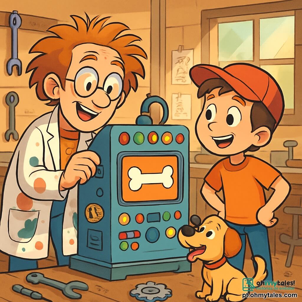 Um homem inventor, chamado Tico, com cabelo desgrenhado e óculos redondos, usa um jaleco de laboratório cheio de manchas de tinta. Ele tem um sorriso encantado e olhos brilhantes de excitação enquanto ajusta uma máquina estranha cheia de botões coloridos e luzes piscantes. Ao seu lado, um garoto de 10 anos, Léo, com cabelo castanho e um boné vermelho, observa atentamente a máquina, com as mãos na cintura, exibindo uma expressão de curiosidade e entusiasmo. Eles estão em um pequeno ateliê bagunçado, cheio de ferramentas, peças de metal e esboços pendurados nas paredes, onde a luz do sol filtra por uma janela empoeirada. A cena mostra Tico e Léo testando sua invenção que traduz os pensamentos dos animais, com a imagem de um osso aparecendo na tela da máquina, enquanto o cachorro Bolinha, um pequeno cão alegre, espera ansiosamente aos seus pés.