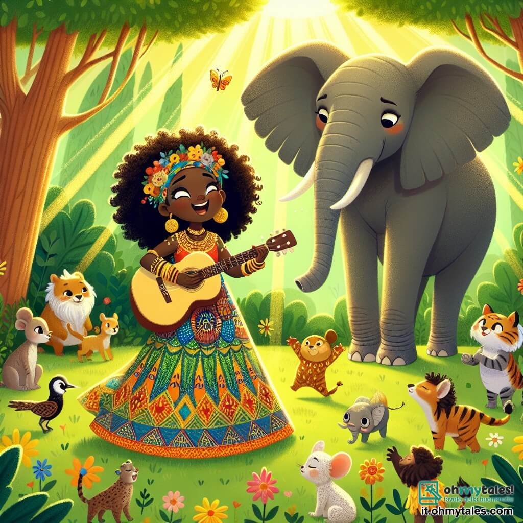 Amina, una giovane donna dai capelli ricci e dalla pelle dorata, si trova al centro della scena, sorridente e piena di energia, mentre suona la sua chitarra con passione. Indossa un vestito colorato decorato con motivi africani, e i suoi occhi brillano di speranza. Accanto a lei, un elefante saggio, grande e maestoso, con grandi orecchie e pelle grigia, la osserva attentamente, come un protettore, incoraggiandola con uno sguardo benevolo. Sullo sfondo, una foresta lussureggiante si estende, piena di alberi con foglie verdi brillanti e fiori colorati che profumano l'aria. I raggi di sole filtrano tra i rami, illuminando la scena con una dolce luce dorata. Amina, circondata da animali curiosi, suona la chitarra per attrarre l'acqua di una fonte magica, mentre gli animali danzano gioiosamente intorno a lei, creando un'atmosfera festosa e piena di vita.