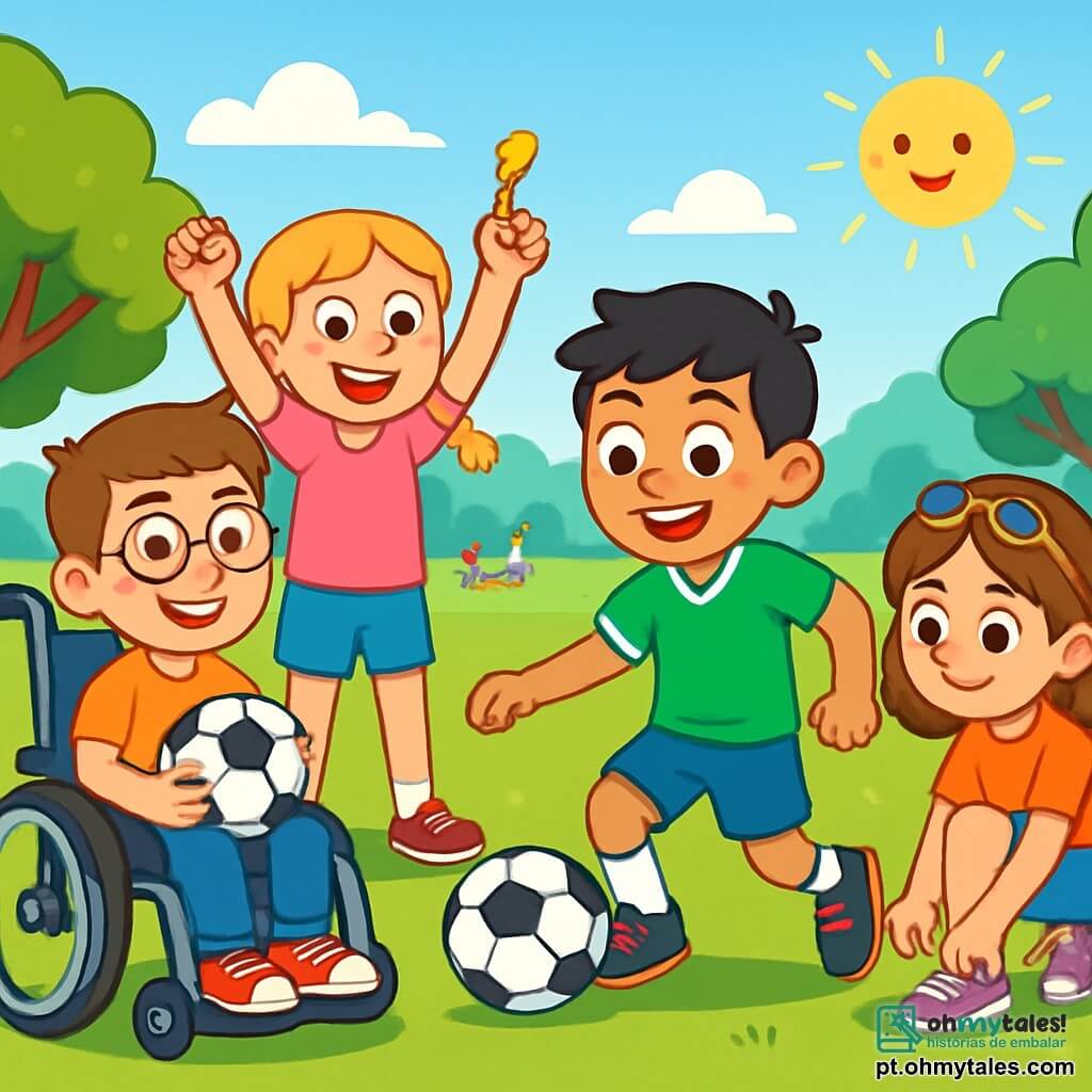 Há 4 crianças: - Lucas: um menino de 10 anos, com cabelo castanho e óculos. Ele está sentado em uma cadeira de rodas, sorrindo, segurando uma bola de futebol. - Sofia: uma menina de 9 anos, com cabelo loiro em tranças, vestindo uma camiseta rosa e um short azul. Ela está em pé, levantando os braços, pronta para apitar o início do jogo. - Miguel: um menino de 10 anos, com cabelo preto e olhos brilhantes. Ele veste uma camisa de futebol verde e está driblando a bola, com um grande sorriso no rosto. - Ana: uma menina de 9 anos, com cabelo castanho e óculos de sol na cabeça. Ela está agachada, amarrando os cadarços, com uma expressão concentrada. O local é um vasto campo verde, cercado por árvores com folhas brilhantes ao sol. O céu é azul claro, com algumas nuvens brancas fofas. Ao longe, vê-se um parque com crianças brincando e famílias fazendo piqueniques. A cena principal mostra as crianças jogando futebol juntas, com Lucas no centro, sorridente e determinado. Sofia está prestes a apitar, enquanto Miguel dribla a bola e Ana se prepara para correr. A atmosfera é alegre e cheia de energia, ilustrando a amizade e a diversão de brincar juntos.