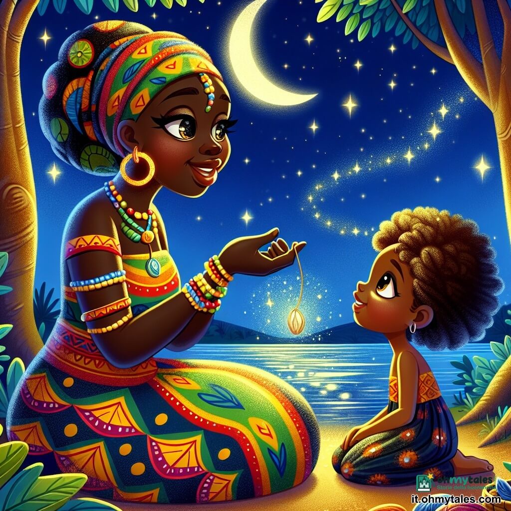Awa, una donna adulta dal sorriso caloroso e dagli occhi pieni di curiosità, è seduta sulla riva di un fiume scintillante sotto la luce della luna. Indossa un abito vibrante con motivi africani, dai colori vivaci di rosso, giallo e verde. Le sue mani delicate tengono un cordone su cui sono appesi un seme lucente e una conchiglia brillante. Vicino a lei, una bambina dai capelli crespi e dagli occhi sorridenti, di circa 8 anni, osserva Awa con meraviglia. Indossa un semplice vestito di tessuto colorato e tiene un piccolo cesto pieno di foglie. Lo scenario è un paesaggio africano incantevole, con un cielo stellato di un blu profondo, alberi maestosi con foglie verdi e il fiume che serpeggia dolcemente, riflettendo la luce della luna. Awa parla al fiume, chiedendo consigli, mentre la bambina l'ascolta attentamente, affascinata dalla magia del momento.