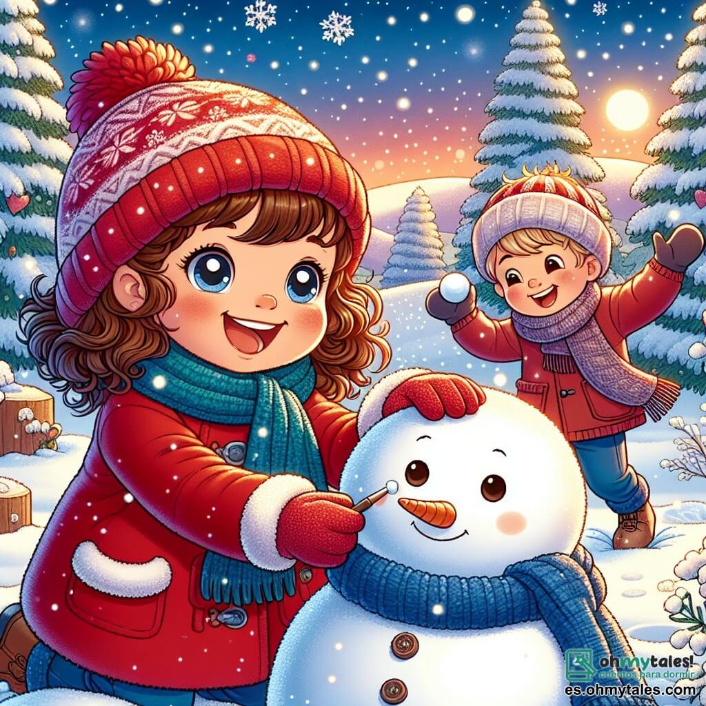 Una niña de 7 años, llamada Alicia, con cabello castaño y rizado, lleva una chaqueta roja brillante y un gorro de lana. Sonríe mientras construye un muñeco de nieve en un jardín nevado. A su lado, su amigo Tomás, un niño de 7 años con cabello rubio y mejillas sonrosadas, lleva una bufanda azul y guantes. Se ríe al lanzar una bola de nieve hacia Alicia, añadiendo a la atmósfera alegre. El escenario es un parque invernal con árboles cubiertos de nieve brillante, copos de nieve cayendo suavemente del cielo azul claro, y un suelo inmaculado. En la distancia, se ven colinas blancas y un cielo con colores cálidos al atardecer. La escena principal muestra a Alicia y Tomás en acción, rodeados de bolas de nieve, moldeando el muñeco de nieve mientras se divierten y ríen juntos, encarnando el espíritu del invierno y la amistad.