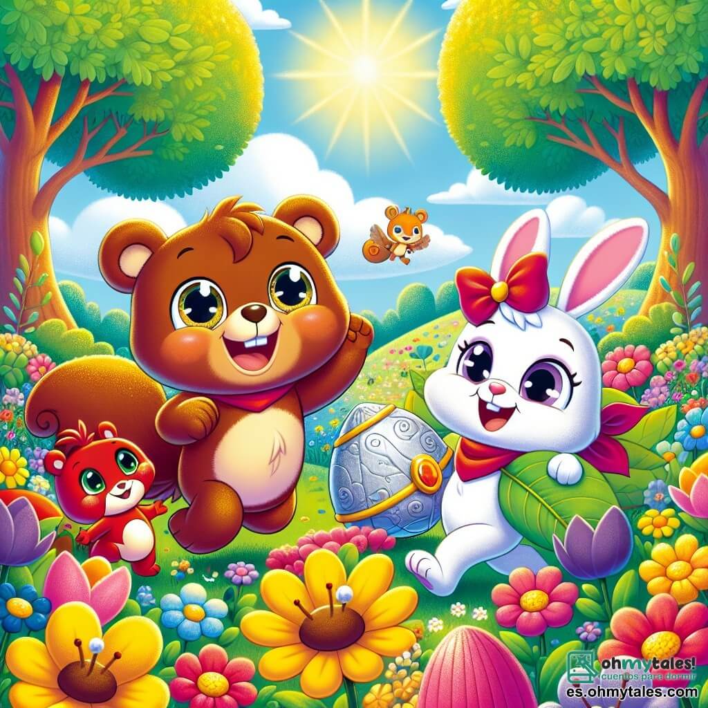 Un oso de peluche llamado Tito, con un pelaje marrón suave y ojos brillantes de alegría, está sentado en un campo de flores coloridas, sonriendo y levantando los brazos al aire, expresando su felicidad. A su lado, una pequeña ardilla llamada Lila, con pelaje rojo y una cola esponjosa, salta de alegría, sosteniendo una piedra brillante en sus pequeñas patas, con ojos llenos de emoción. Un conejo llamado Paco, con pelaje blanco y grandes orejas, está sentado en la hierba, sosteniendo una gran hoja verde, mostrando una sonrisa orgullosa. El lugar es un hermoso parque primaveral, lleno de flores brillantes de colores vivos, árboles frondosos y un cielo azul claro salpicado de algunas nubes blancas. La escena principal muestra a Tito y sus amigos buscando tesoros en el campo, rodeados de la belleza de la naturaleza, riendo y divirtiéndose juntos bajo el suave sol de primavera.