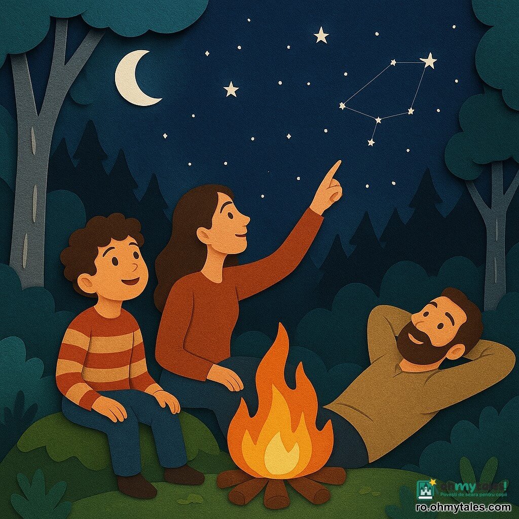 Un băiat de 10 ani, pe nume Luca, cu păr creț și ochi curioși, stă pe o movilă de mușchi, cu o expresie de uimire. Poartă un pulover în dungi și pantaloni din pânză și privește cerul înstelat cu un zâmbet încântat. Lângă el, mama sa, o femeie de treizeci de ani cu părul lung și brunet, stă așezată în poziție de lotus, arătând cu degetul spre o constelație. Tatăl său, un bărbat cu barbă de aproximativ patruzeci de ani, stă întins pe spate, cu mâinile sub cap, observând stelele. Sunt înconjurați de o pădure densă, cu copaci cu trunchiuri argintii care strălucesc sub lumina lunii. Scena principală se desfășoară într-o poiană luminată de strălucirea blândă a focului de tabără, unde umbrele dansează pe sol, creând o atmosferă magică și liniștitoare.