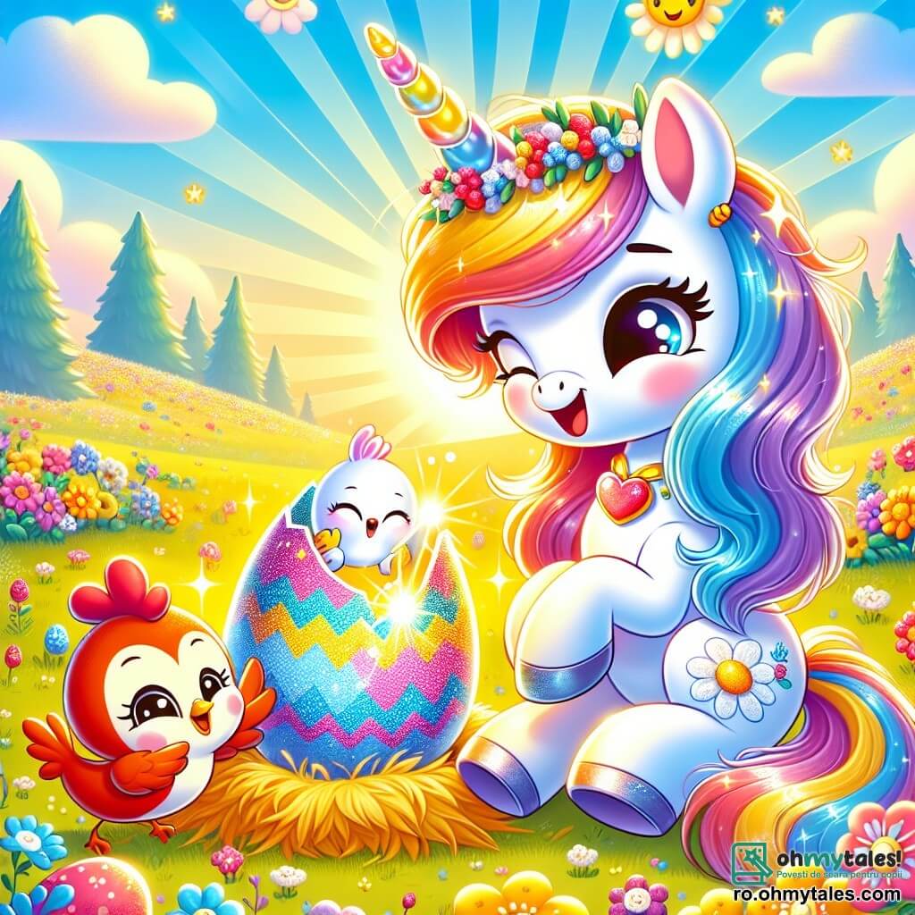 Un unicorn drăguț, pe nume Lili, cu o coamă colorată și un corn strălucitor ca un curcubeu, stă într-o poiană însorită, zâmbind cu uimire în timp ce descoperă un ou magic strălucitor sub un morman de paie. Lângă ea, o găină mică roșie, pe nume Coco, cu pene strălucitoare și ochi sclipitori, privește oul cu curiozitate, bătând din aripi de emoție. Un iepuraș, Iepurilă, cu blană moale și urechi lungi, iese vesel din ou, afișând un zâmbet mare de fericire. Scena se desfășoară într-o poiană verde, presărată cu flori colorate și scăldată în lumină aurie, cu un cer albastru deschis și câteva nori pufoși. Lili, Coco și Iepurilă sunt reuniți în jurul oului magic, împărtășind un moment de descoperire și bucurie, pregătiți să sărbătorească Paștele împreună.