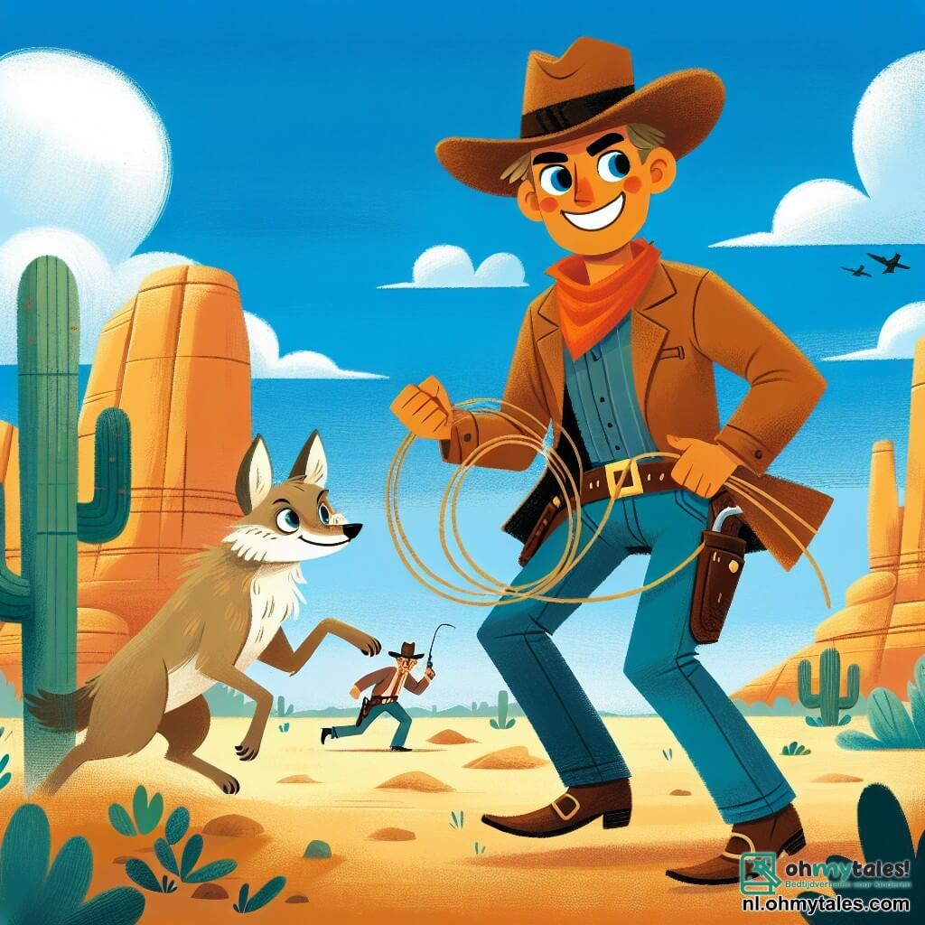 Een dappere cowboy, een man van een jaar of dertig, staat in het midden van de afbeelding. Hij draagt een grote cowboyhoed, een rood geruite shirt en een leren vest. Zijn gezicht is glimlachend en vastberaden, met sprankelende ogen vol avontuur. Hij zwaait met zijn lasso, klaar om de bandieten te vangen. Naast hem springt een ondeugende coyote, een dier met ondeugende ogen en lichtbruin vacht, vrolijk rond. Hij lijkt enthousiast met zijn tong uit zijn mond en kijkt bewonderend naar de cowboy. Op de achtergrond is een uitgestrekt landschap van het Wilde Westen te zien: gouden heuvels, een stralend blauwe lucht met witte wolken, en trots oprijzende cactussen. Ook is er een grote steen te zien die de bandieten verbergt. De belangrijkste situatie toont de cowboy en de coyote die zich stilletjes naar de bandieten bewegen, die verrast en bang zijn door hun komst. De sfeer is vol spanning en opwinding, klaar om een heroïsch moment te onthullen.