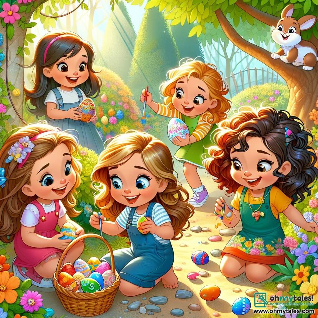 Four joyful girls, around 8 years old, are gathered in a sunny garden. Lily, with long brown hair and a pink dress, holds a basket filled with colorful eggs, smiling enthusiastically. Mia, with curly blonde hair, wears blue overalls and is painting an egg with bright colors, focused on her work. Zoe, with braided red hair and a green dress, jumps for joy holding a flower-decorated egg. Ella, with curly brown hair, wears a yellow t-shirt and admires her sparkling egg, her eyes shining with excitement. The garden is filled with colorful flowers, lush trees, and a small gravel path leading to a low-branched tree, where a small pink door is hidden. The girls are decorating Easter eggs, laughing and having fun together, while an adorable chocolate bunny watches them with a knowing smile, adding a touch of magic to this joyful scene.
