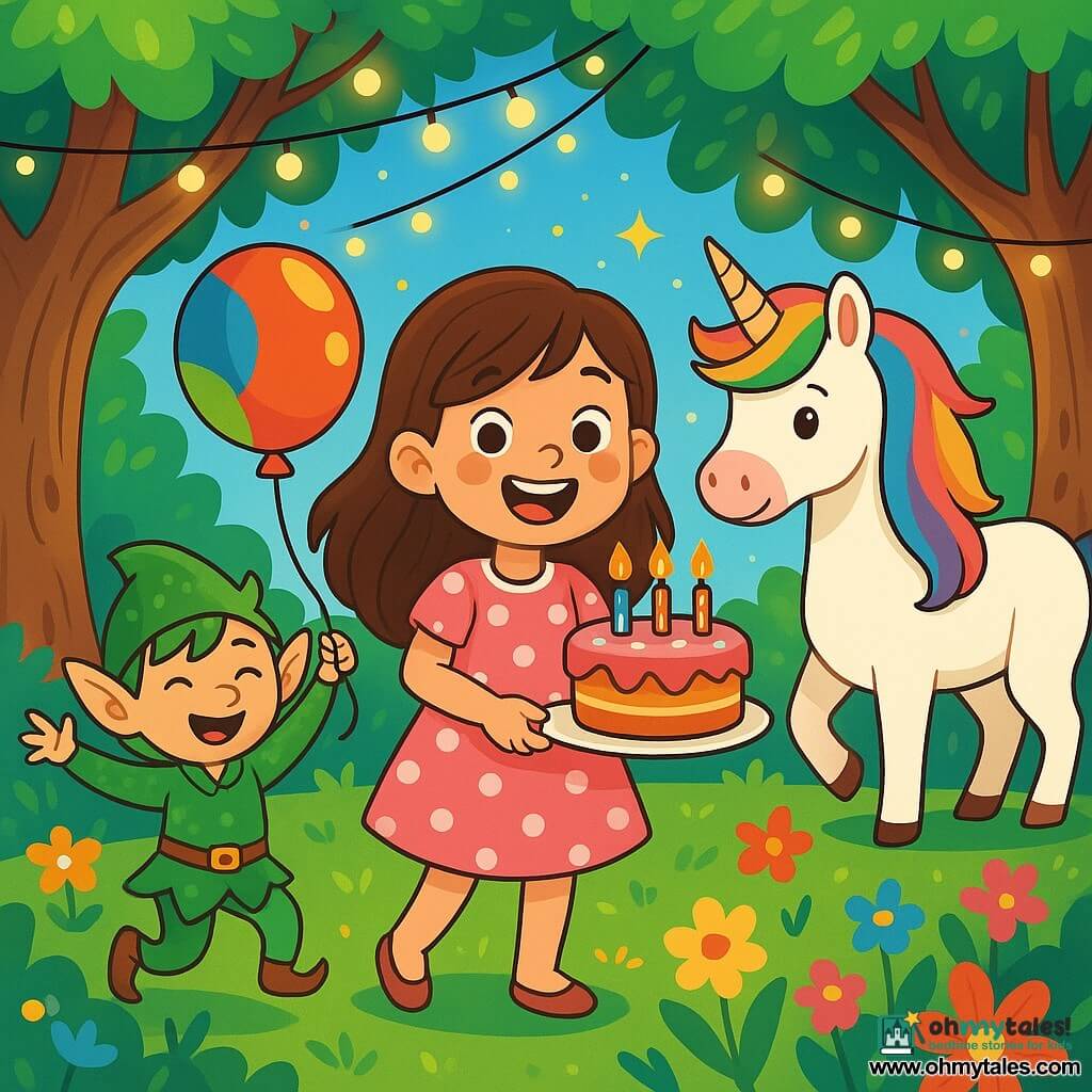An 8-year-old girl named Lily, with long brown hair and sparkling eyes, wears a pink dress with white polka dots. She smiles widely, her cheeks flushed with excitement, holding a colorful balloon in one hand and a birthday cake decorated with candles in the other. Next to her, a small elf with pointed ears and green hair dances joyfully, dressed in a shiny tunic. A bit further away, a unicorn named Sparkle, with a rainbow mane and a friendly look, stands majestically, adding a touch of magic to the scene. The setting is an enchanted clearing surrounded by majestic trees with gnarled trunks, shimmering leaves, and colorful flowers dancing in the breeze. Fairy light garlands illuminate the space, creating a warm and festive atmosphere. The main scene shows Lily and her friends celebrating her birthday in the enchanted forest, filled with laughter and games, as they prepare to blow out the candles on her cake, radiating contagious joy and palpable magic.